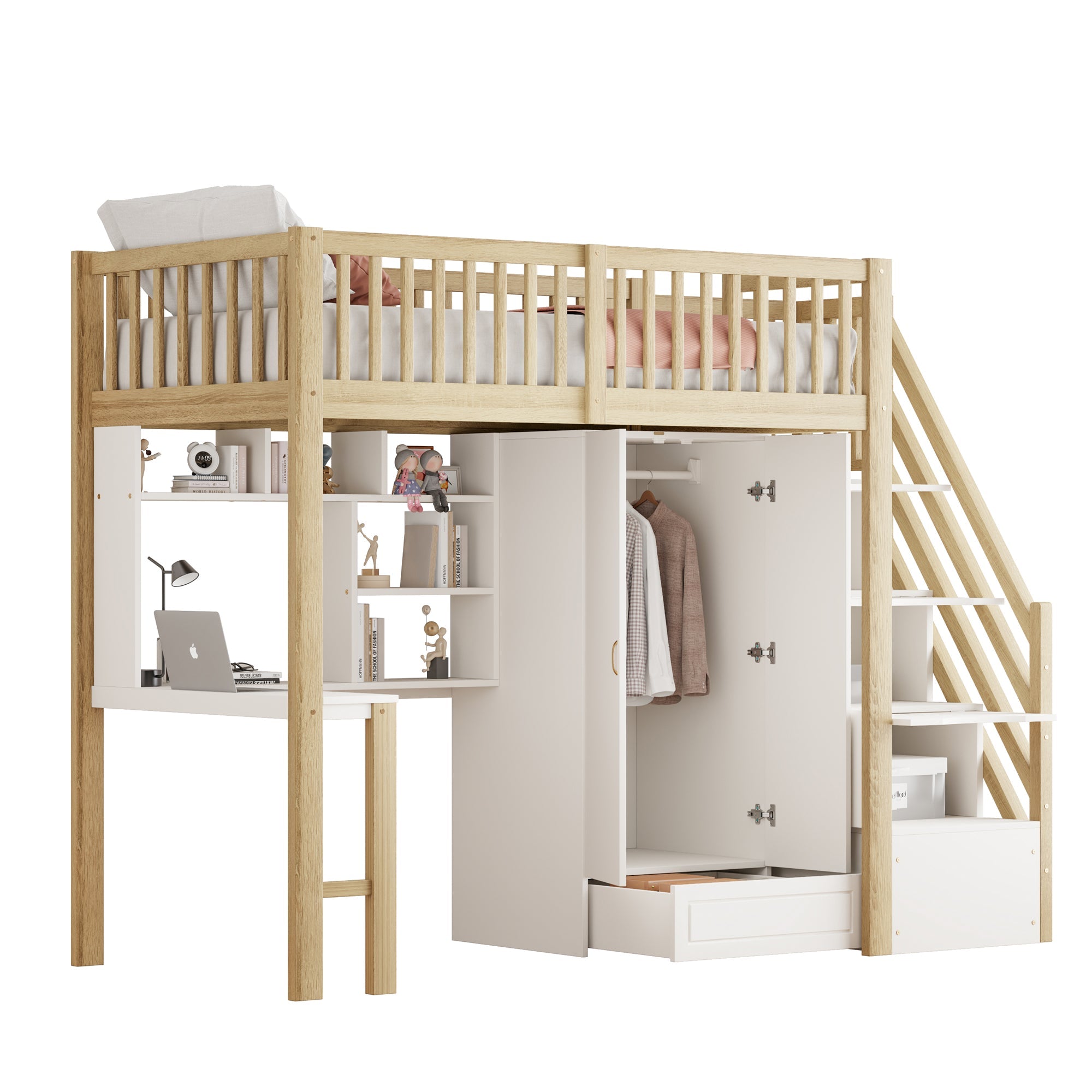 Loft Bed, 90x200 Wardrobe, Shelf, Table, Storage Stairs, Wooden