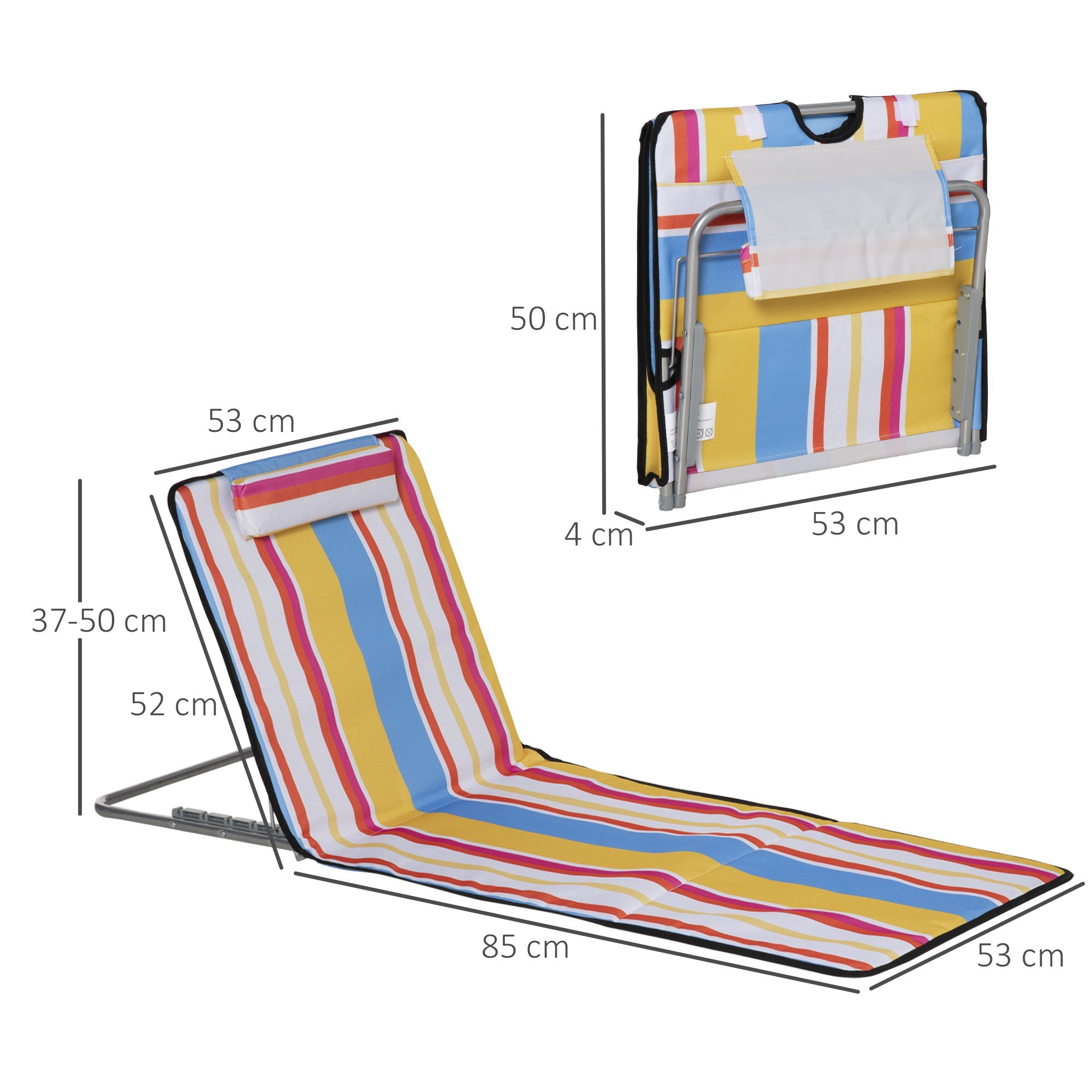 Beach Mat Set of 2, Foldable Lounger 5-Level Adjustable with Headrest & Bag, Steel, Multicolor