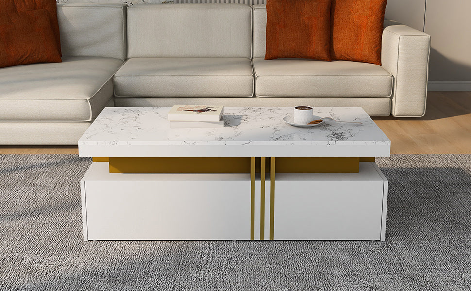 Modern White Rectangular Coffee Table with Marble Pattern Top and 2 Wooden Drawers