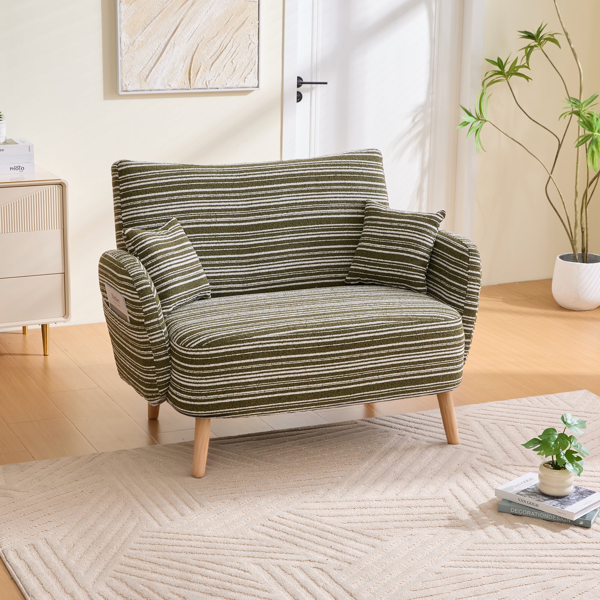 Modern Two-Seater Sofa with Comfortable Armrests and Storage Bag, Loop Fabric