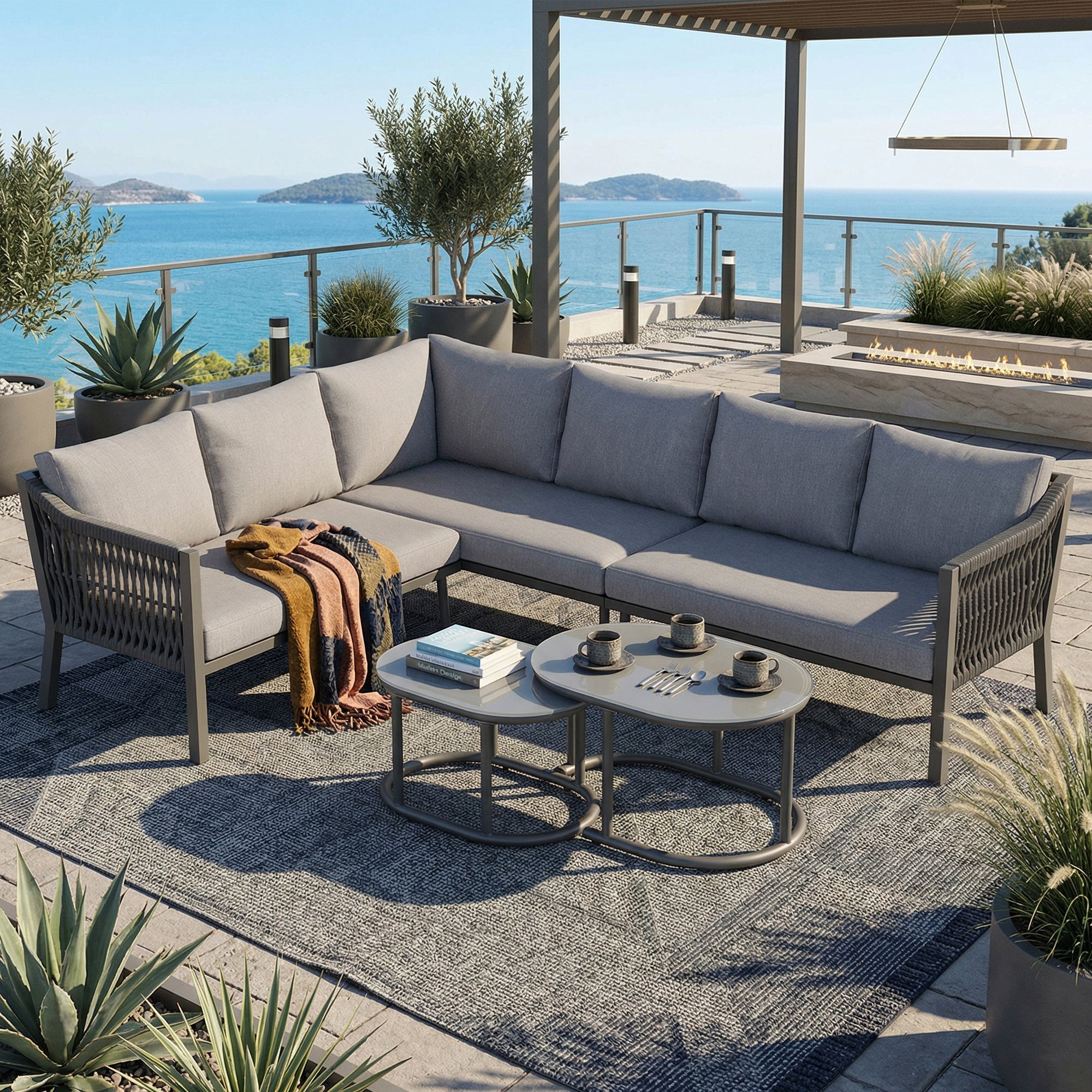 Garden Dining Set for 6 People with Corner Sofa and Two Coffee Tables, Hand-Woven Rope and Galvanized Iron, Grey