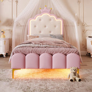 Upholstered Bed Princess Shape 90x200cm Ambient Light Pink PU Material
