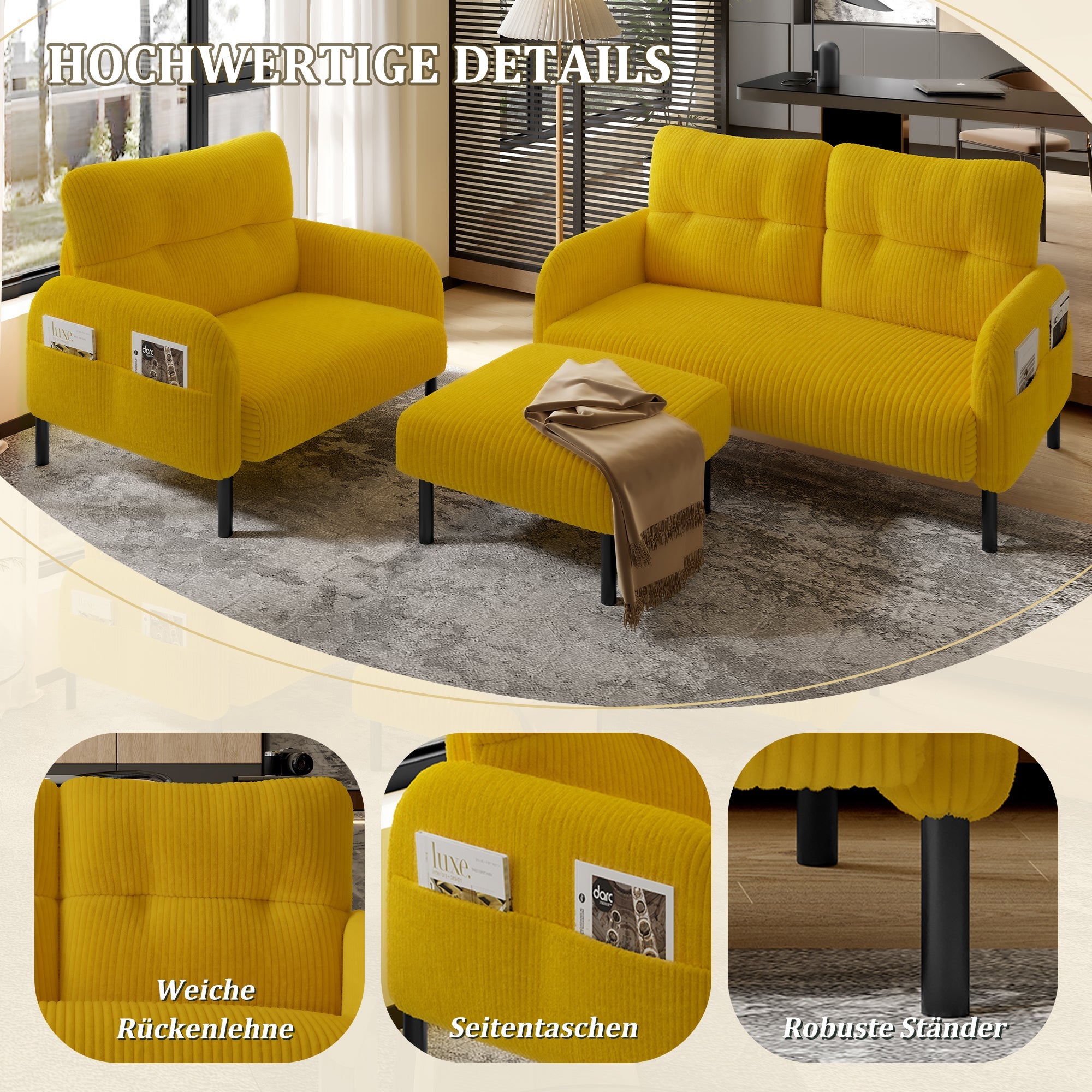 Cord Modular 3-Piece Sofa Set, Armchair Footstool 2-Seater, Deep Seat Tubular Steel Frame, Mustard Yellow