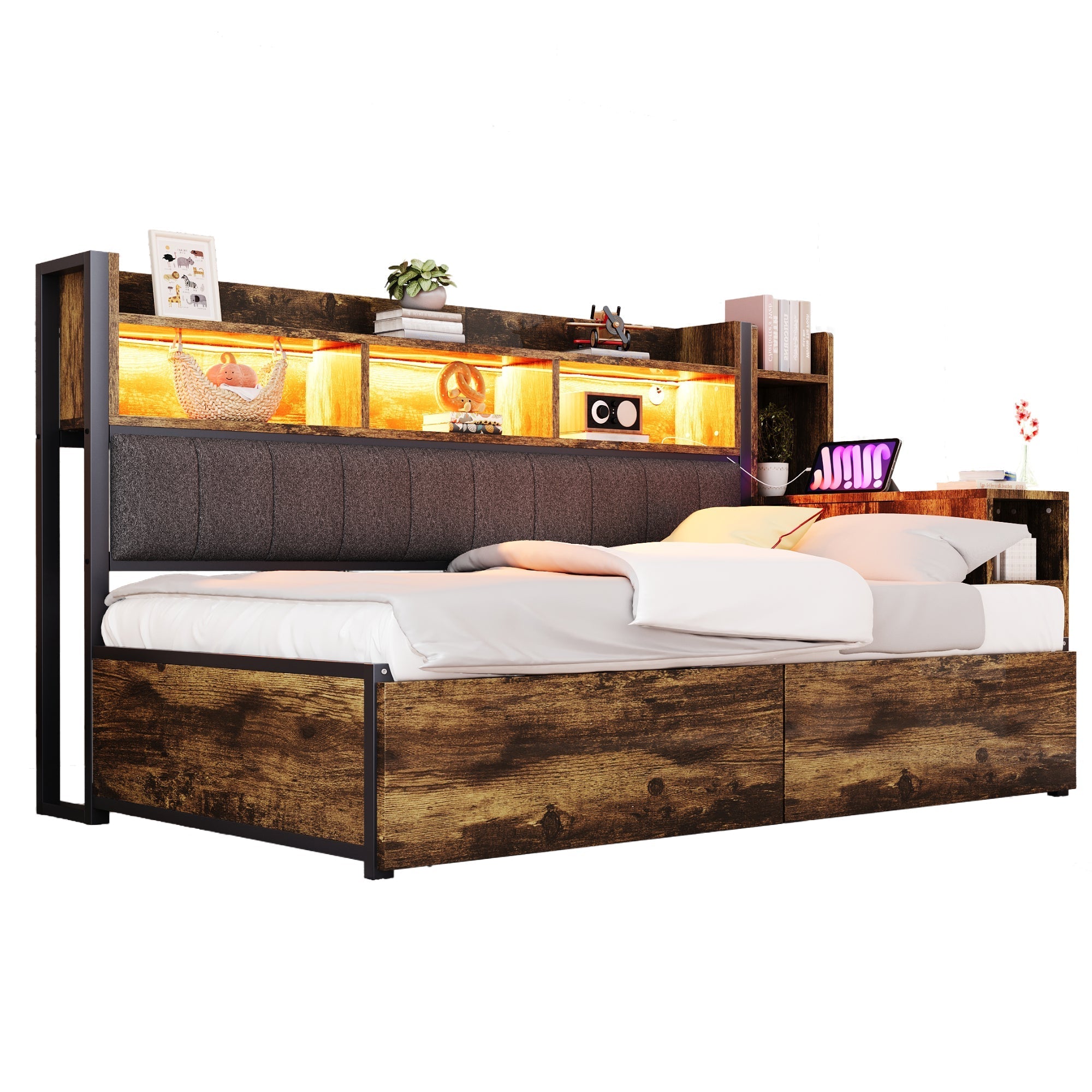 Single Bed with Movable Desk, Storage Drawers and Integrated Outlets, Metal