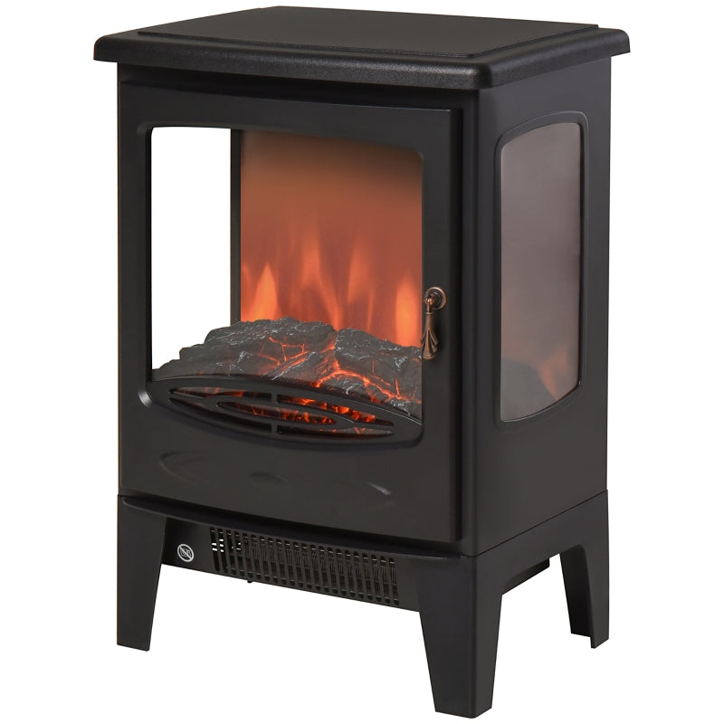 Freestanding Electric Fireplace Heater 900W/1800W Adjustable Flame Tempered Glass Black Metal