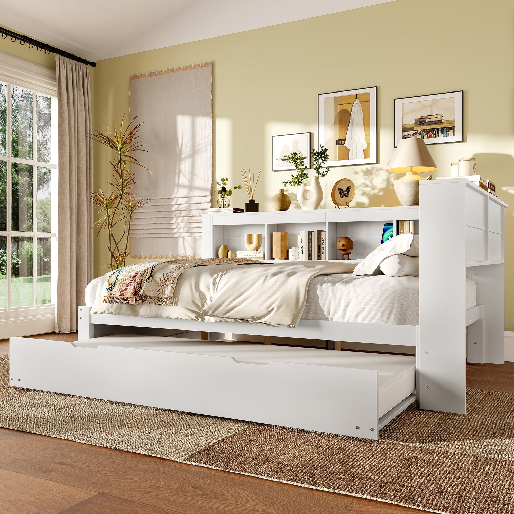 Daybed 140x200cm Pull-out Bed Power Outlet 2 USB - White Chipboard