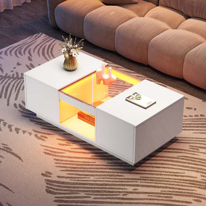 White Coffee Table with Glass Panel, LED Lighting, 2 Drawers, and 1 Open Compartment