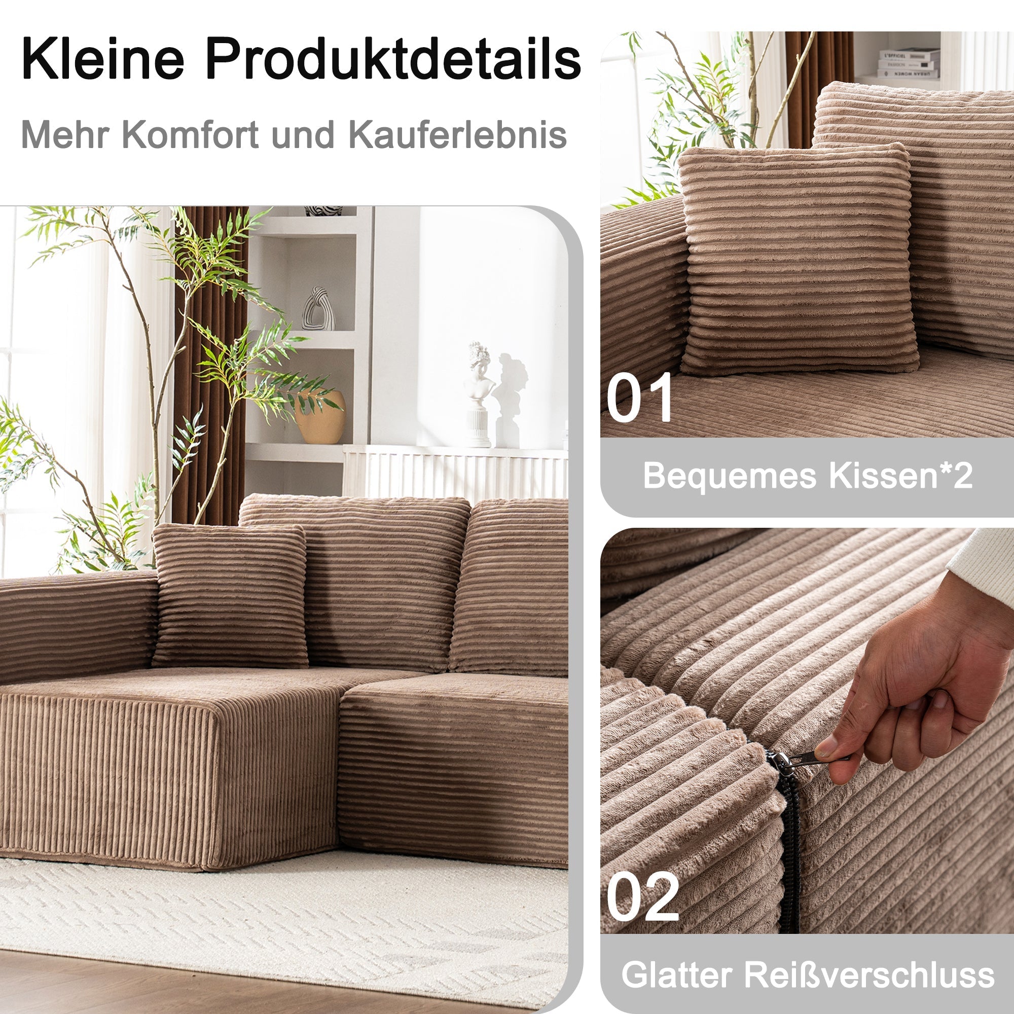L-Shaped Cloud Sofa, Modern Modular Chaise Lounge with Armchair, No Assembly Required, Core Fabric