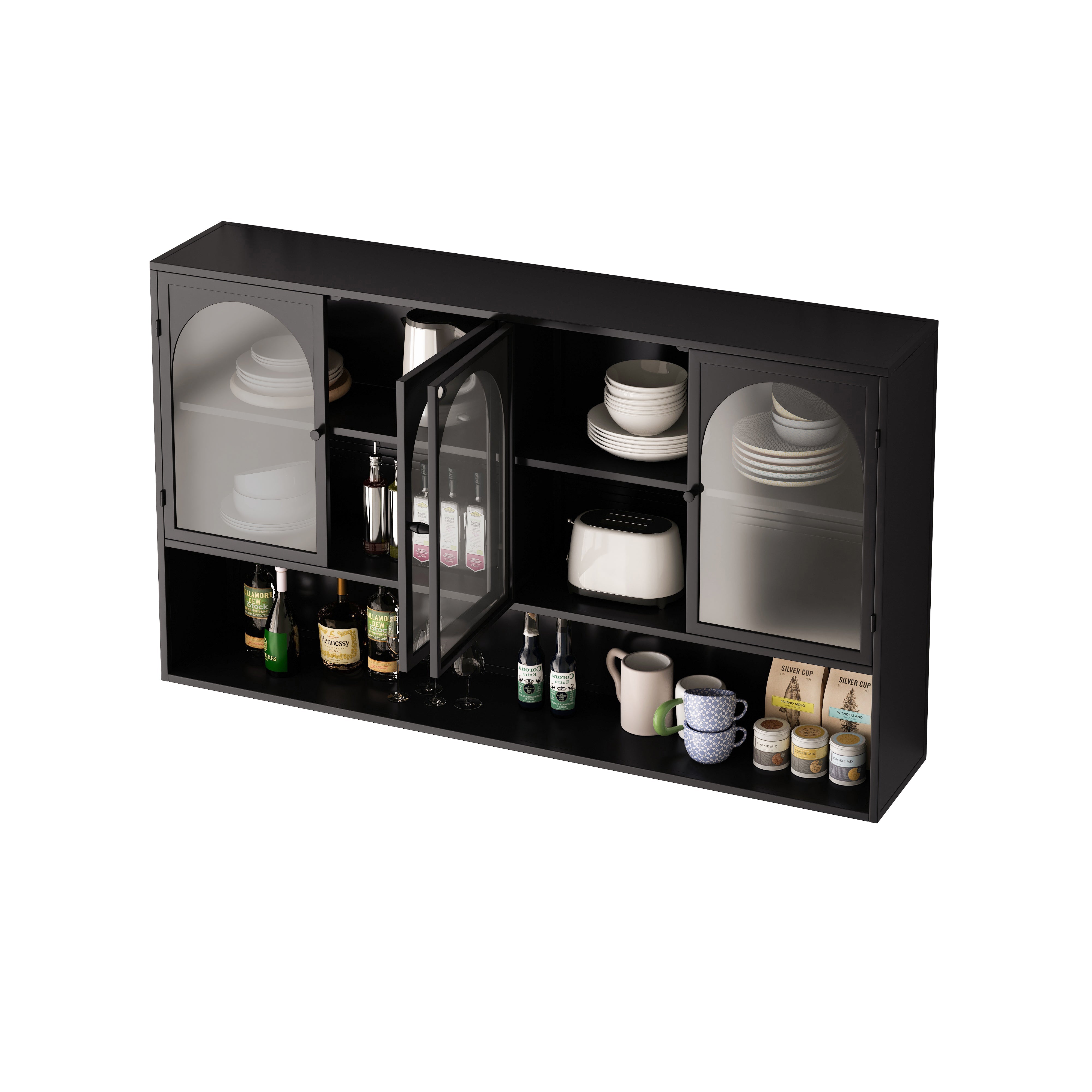 Four-door Glass Wall Cabinet, Wall-mounted 120CM, Black
