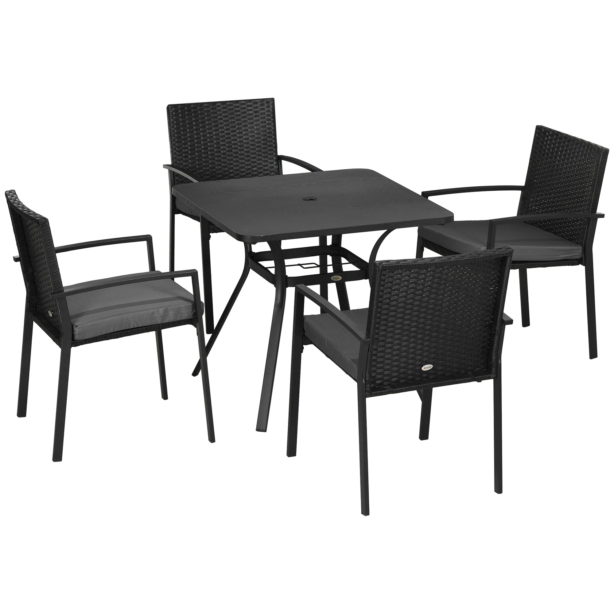 Five-Piece Garden Dining Set with Rattan Seat Chairs and Cushions - Black