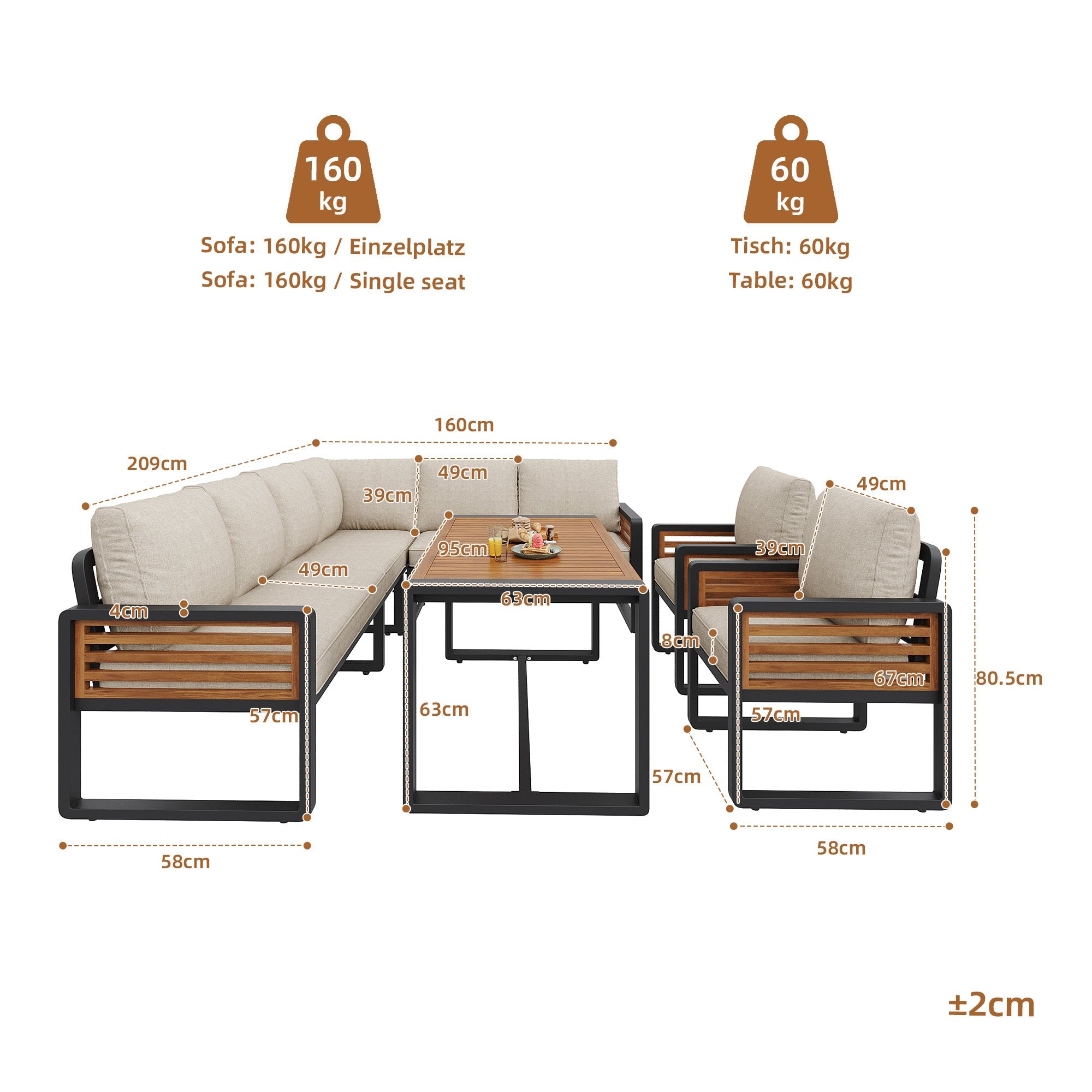 Garden Lounge Set with Solid Wood Dining Table for 8 People, Beige