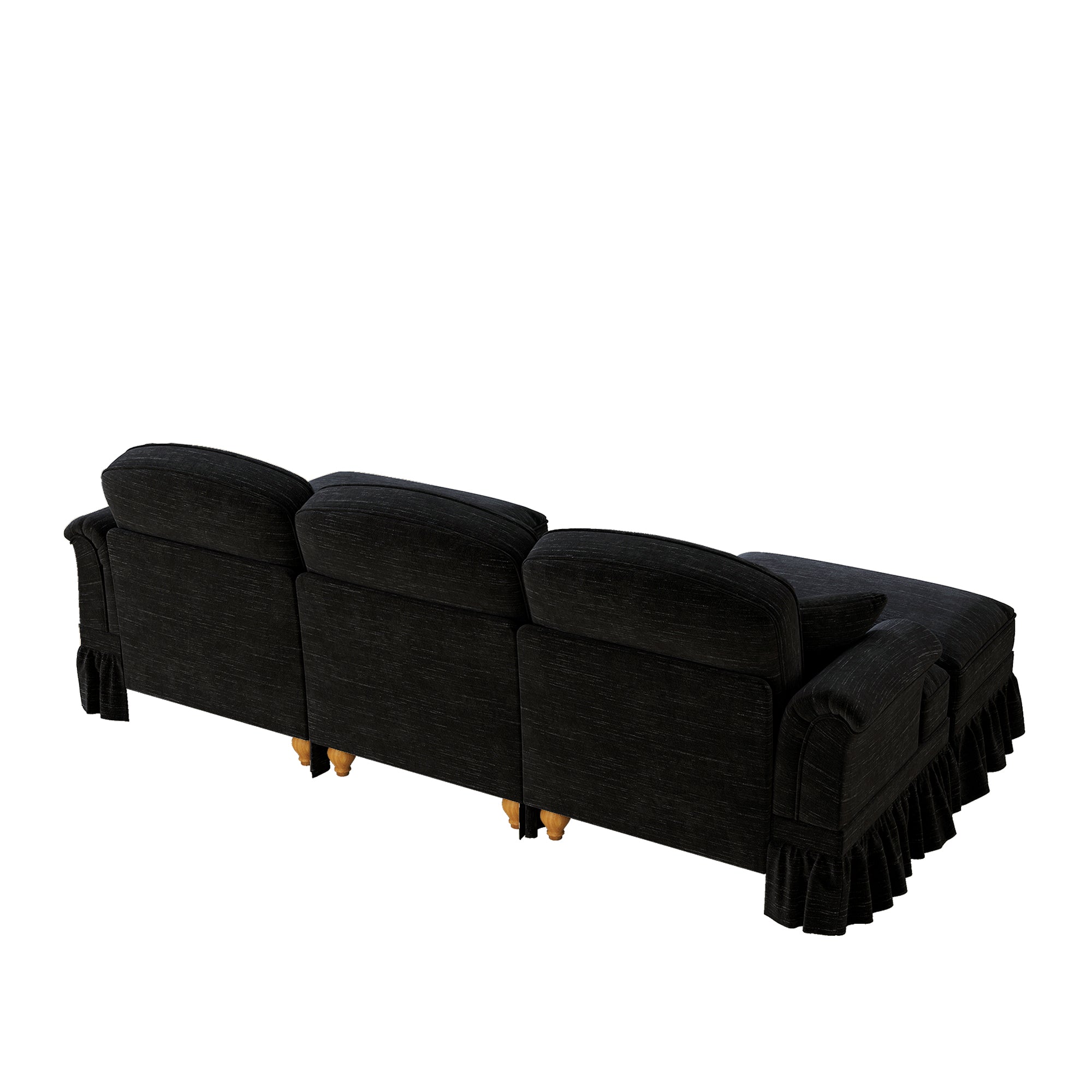 Modular U-Shaped Sofa Movable Ottoman Ruffled Apron Chenille Black