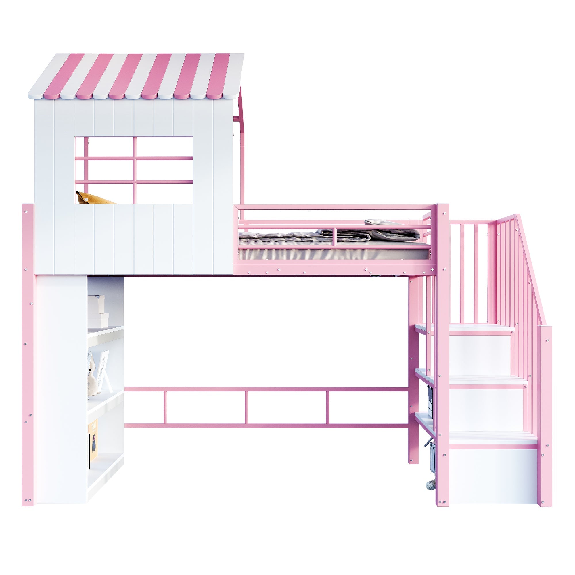 Iron Loft Bed with House Design, Storage Shelf and Safety Rail, 90x200cm, Pink Iron