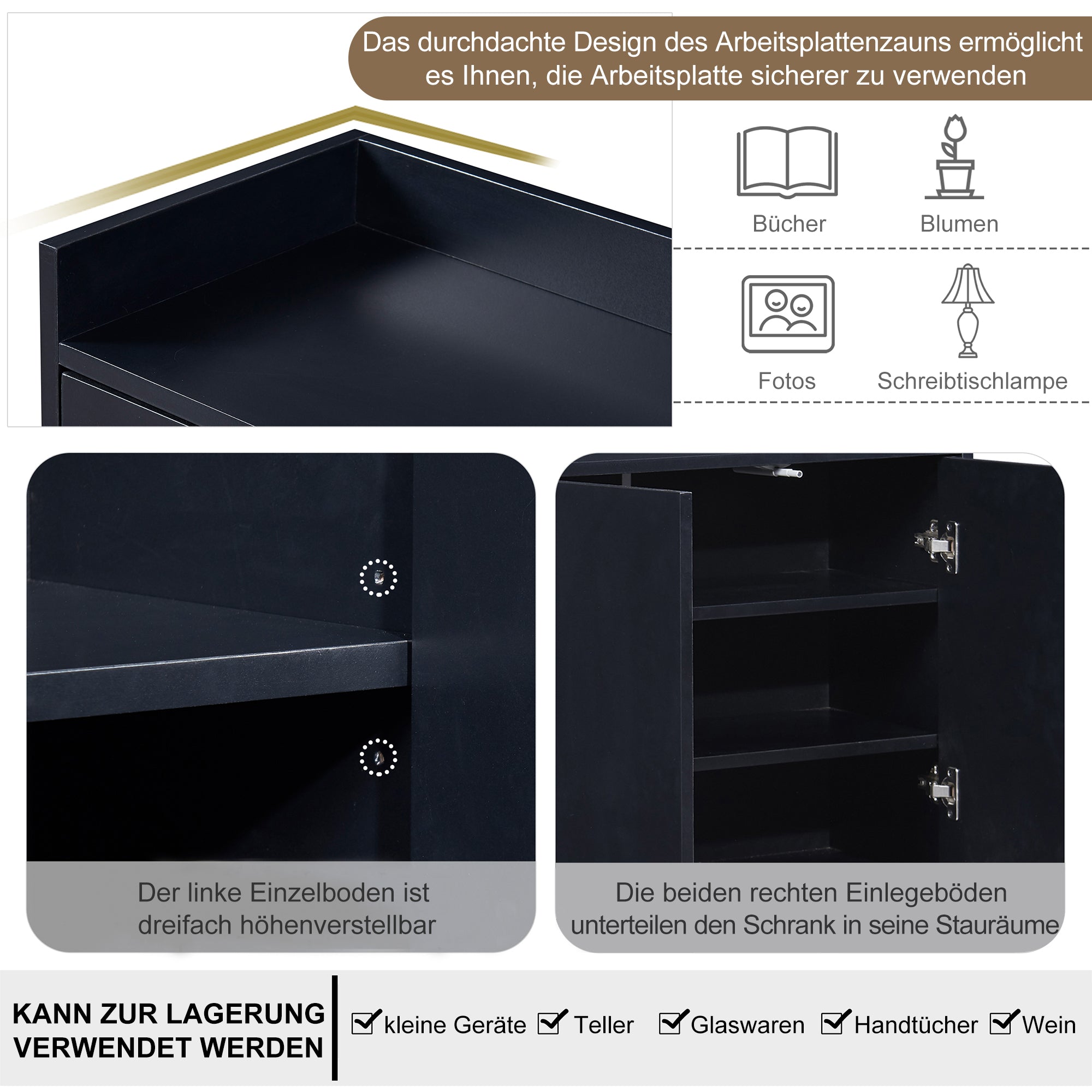 Sideboard, Minimalist 4-Door Handleless Buffet, Black