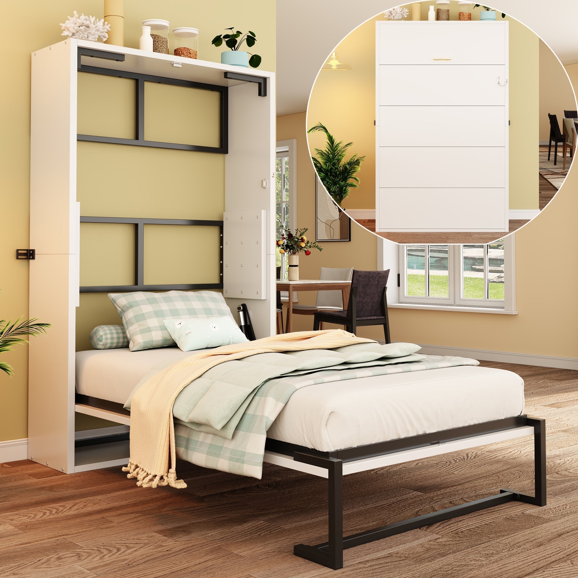 Murphy Wall Bed with Folding Metal Frame and Lockable Mounting, 90x200cm, Metal and Wood