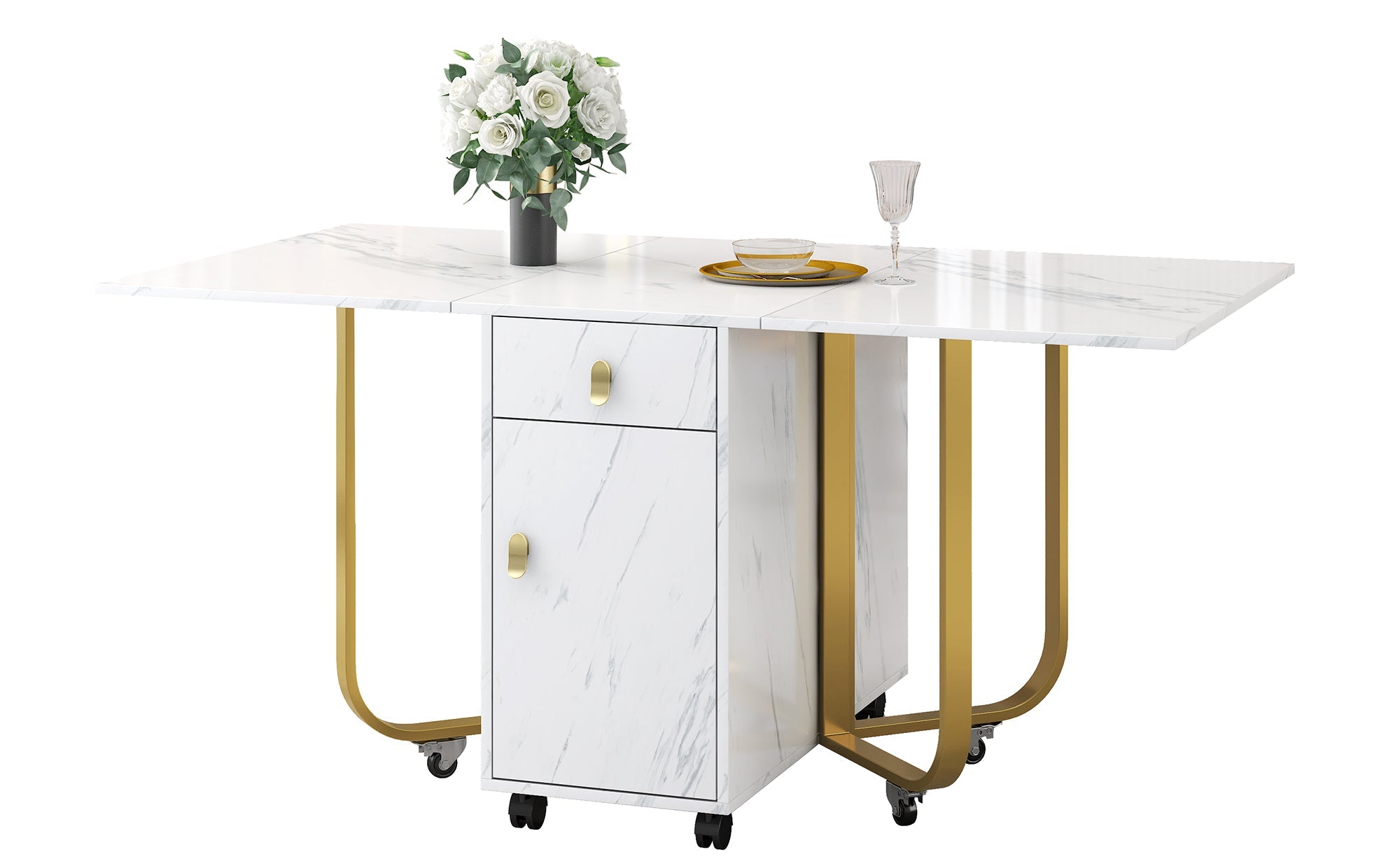 Folding Dining Table, Cabinet & 2 Drawers, Space-Saving, White/Gold
