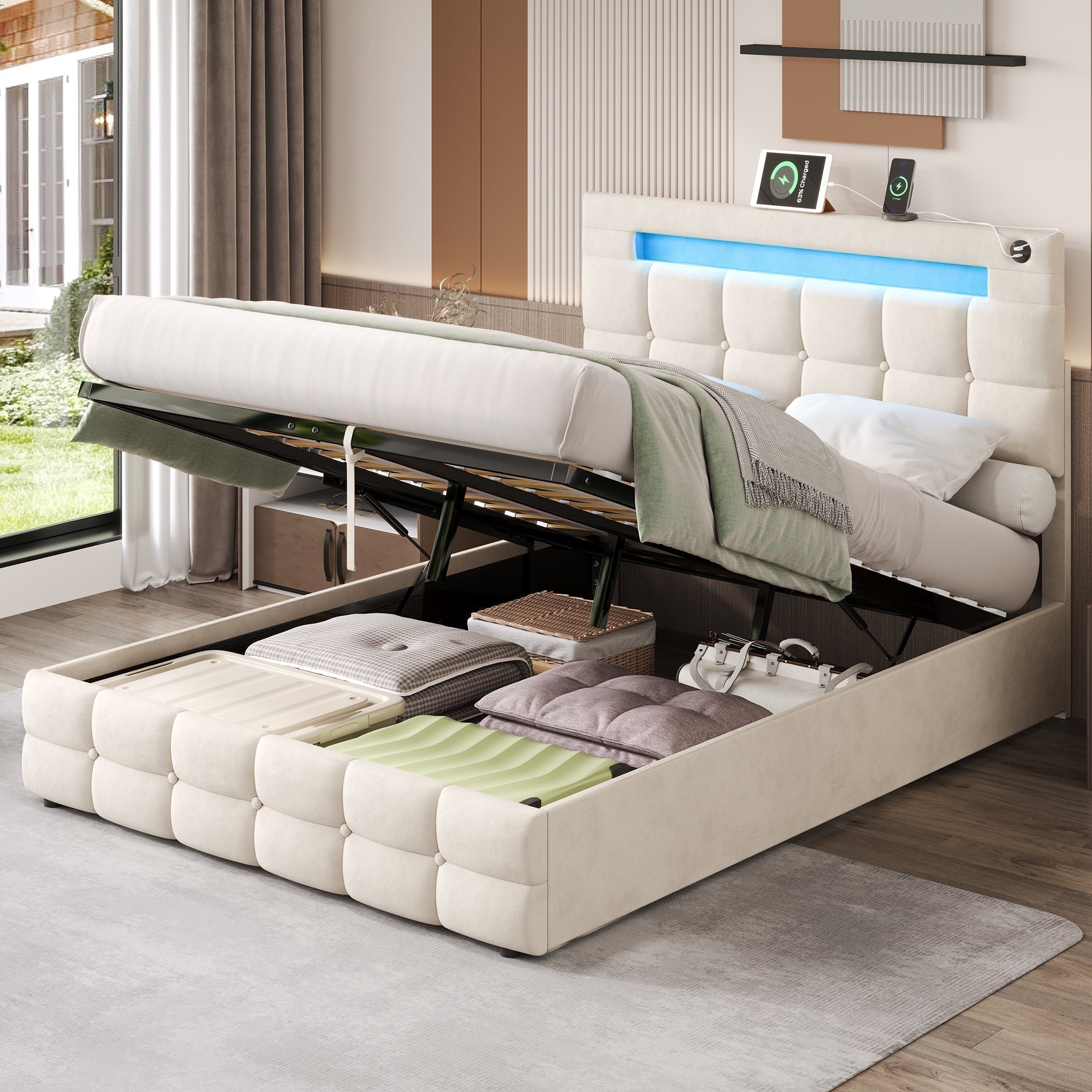 4ft6 Double Upholstered Bed Frame with Hydraulic Storage, LED Lighting, Charging Station, and Adjustable Button Tufted Headboard, Beige Velvet (No Mattress)