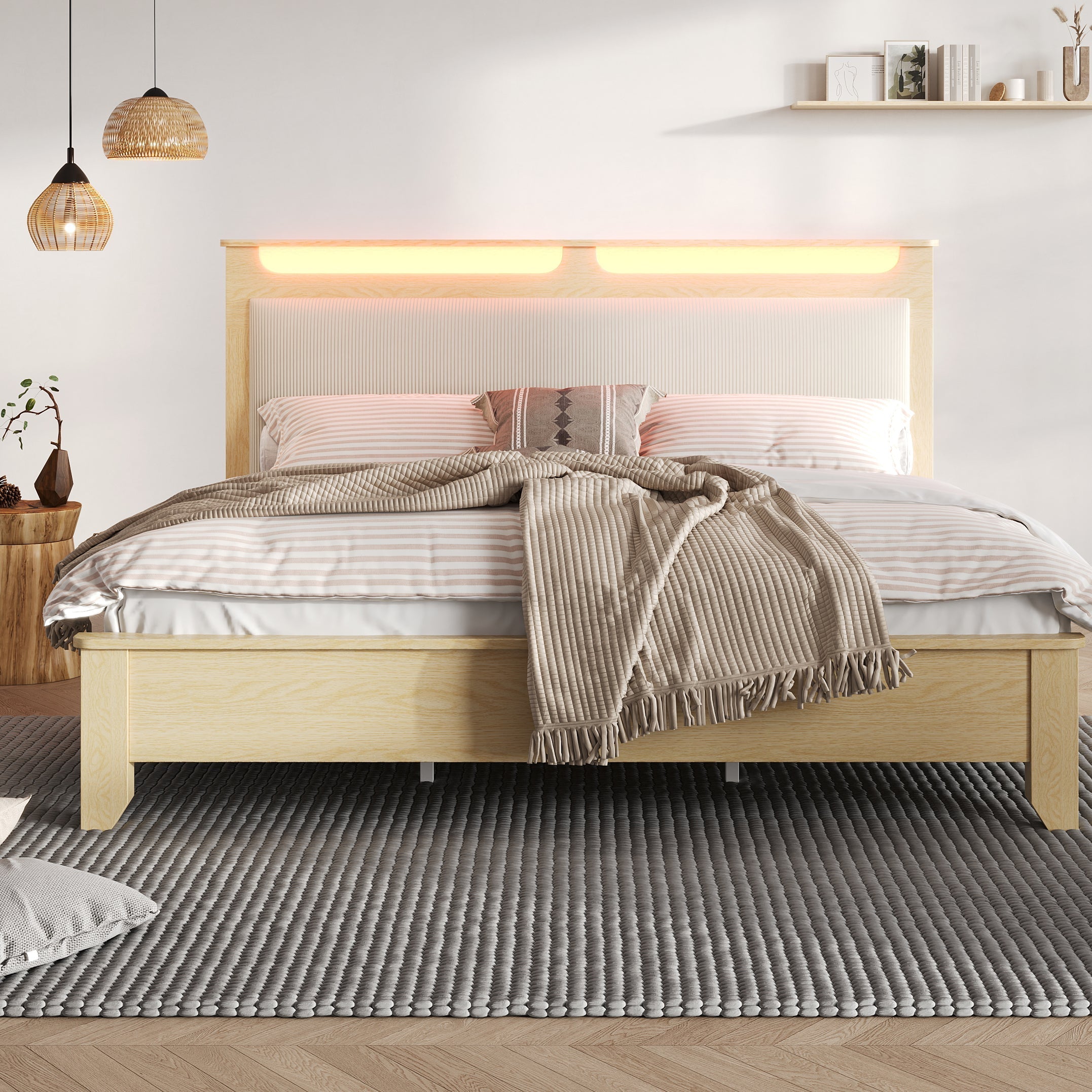 Double Wooden Bed, 160x200cm, Headboard Storage, LED, Light Oak
