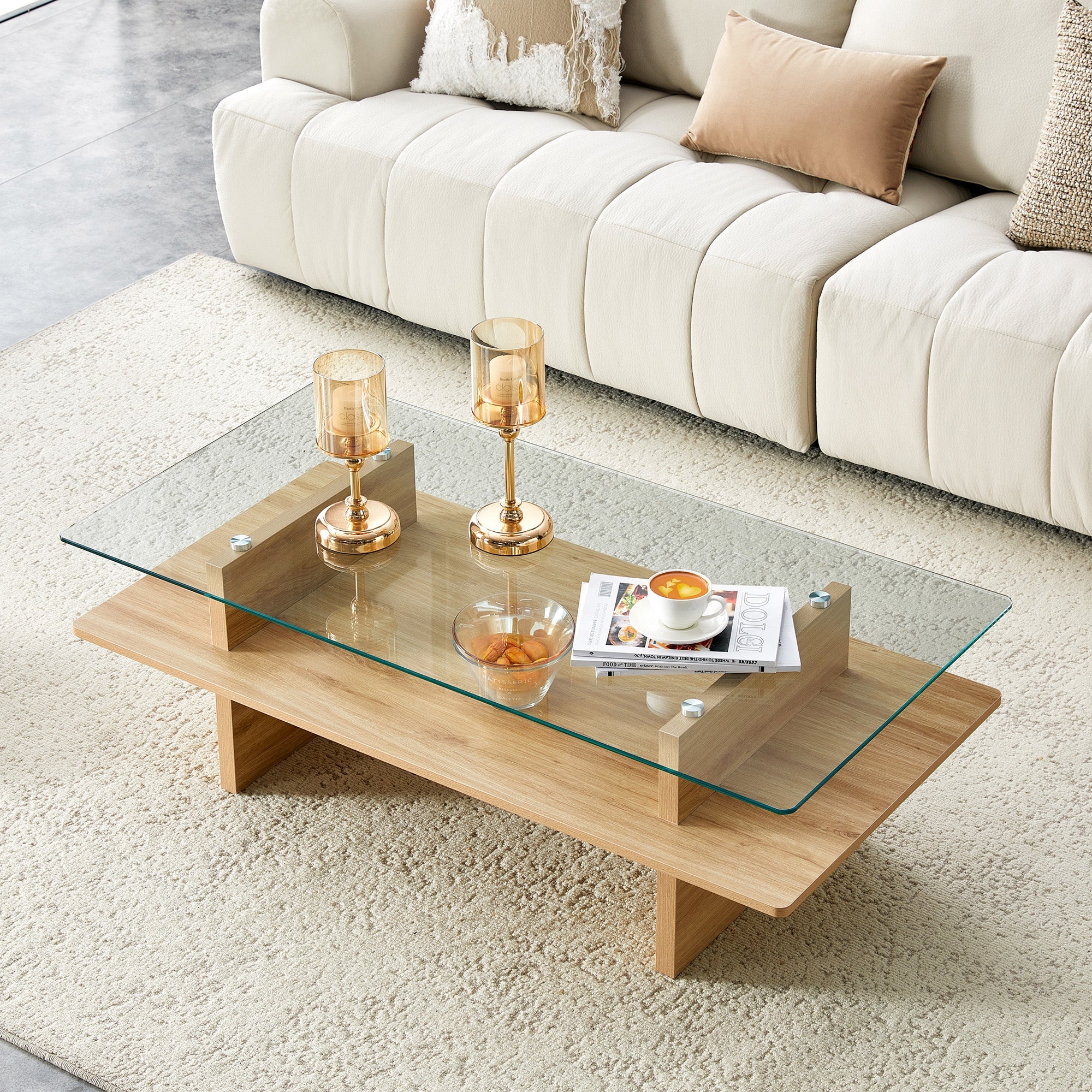 Two-Layer Coffee Table with Tempered Glass and Sturdy MDF Frame, Natural Wood Finish
