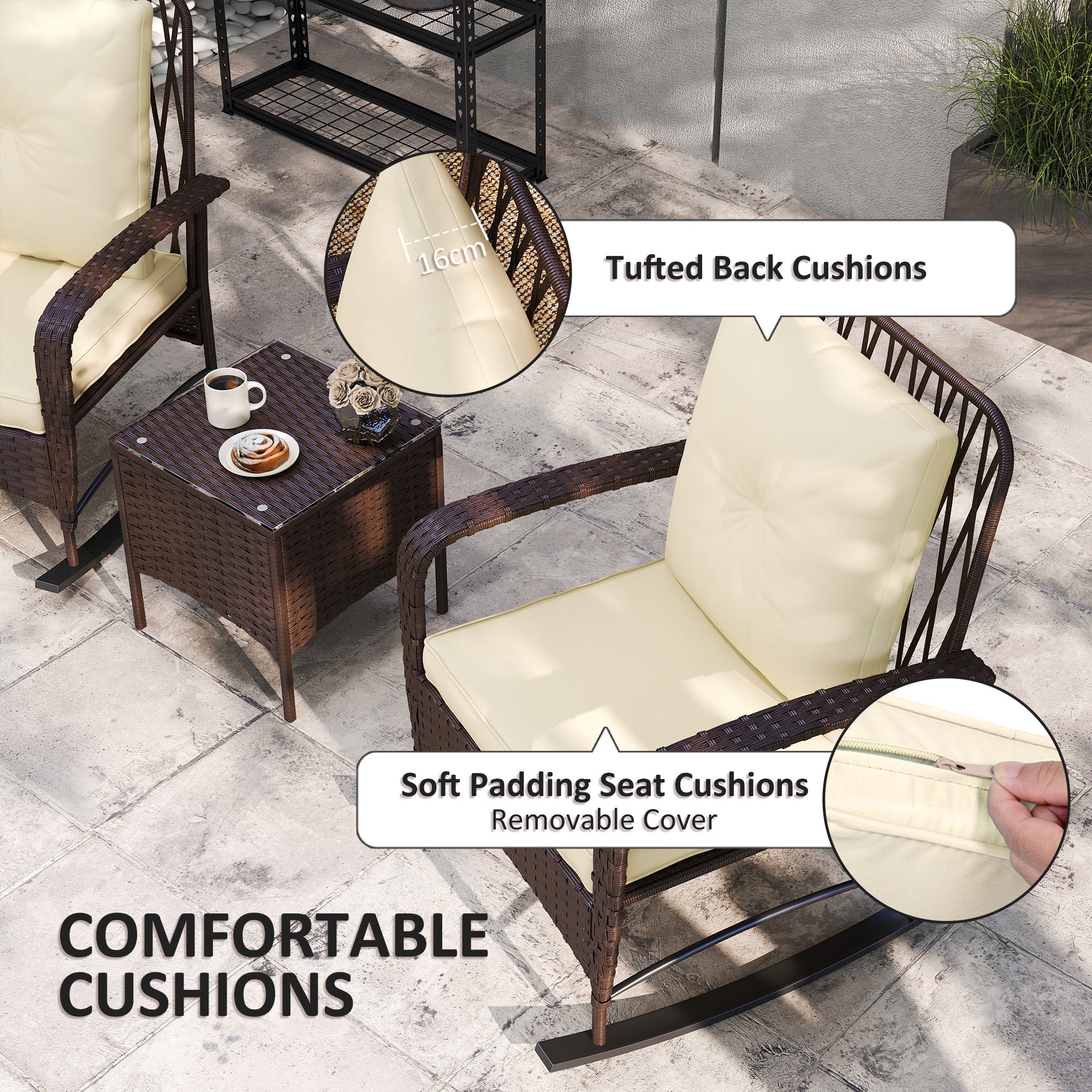 Three-Piece Rocking Chair Bistro Set Rattan Brown