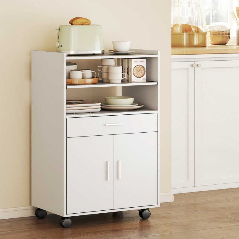 Microwave Cabinet with Shelf, Double Door, Drawer, and Casters, White