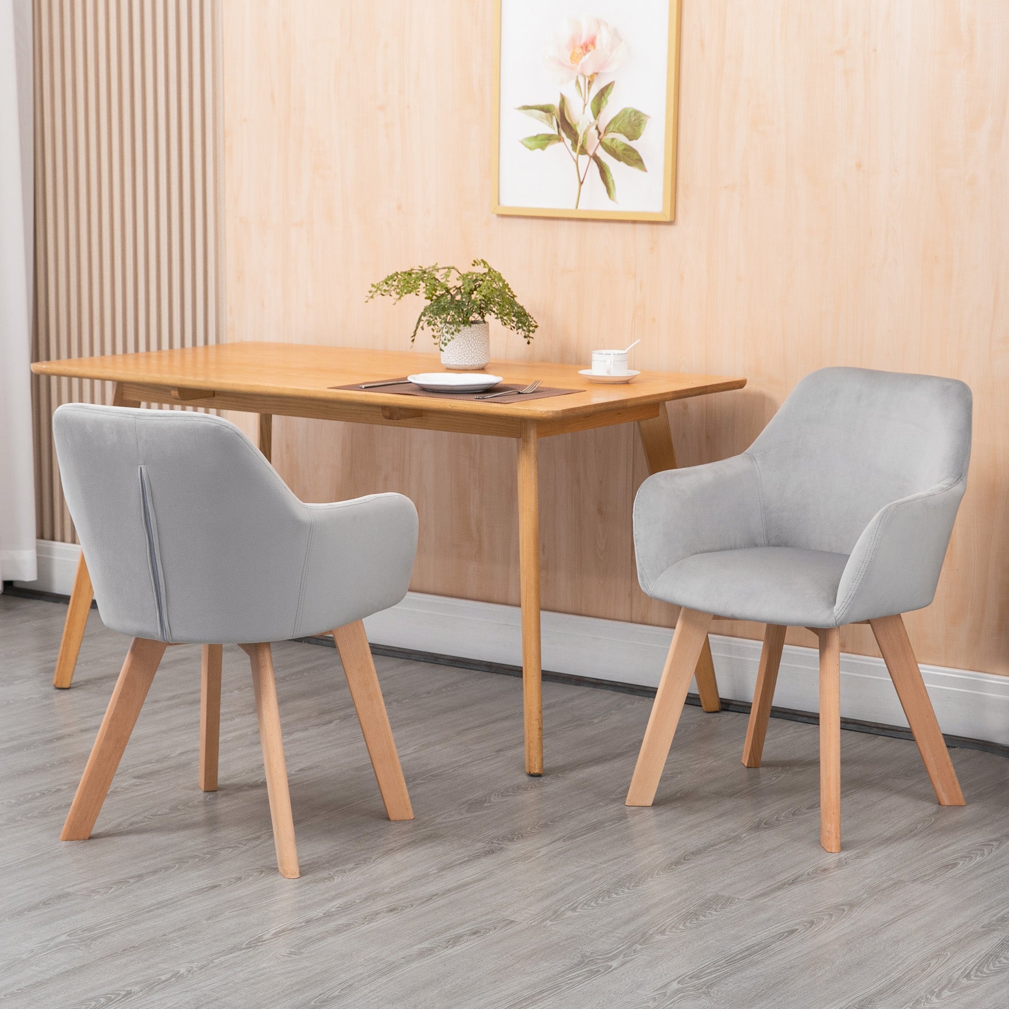 Dining Chairs Set of 2 Kitchen Chairs Armrests Backrest Wooden Legs, Velvet-Look Grey