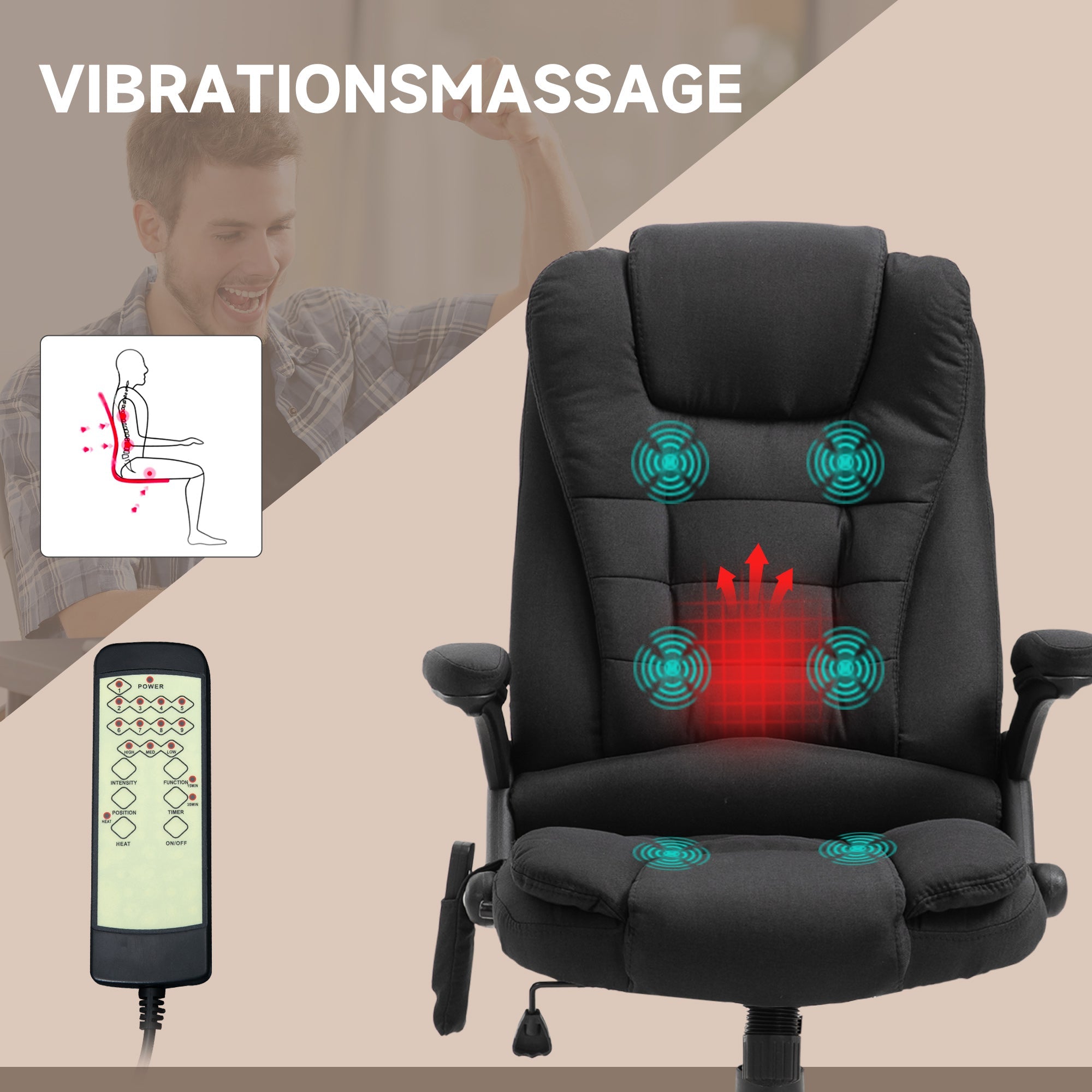 Vinsetto Office Gaming Chair, Massage Function, Height Adjustable, Black