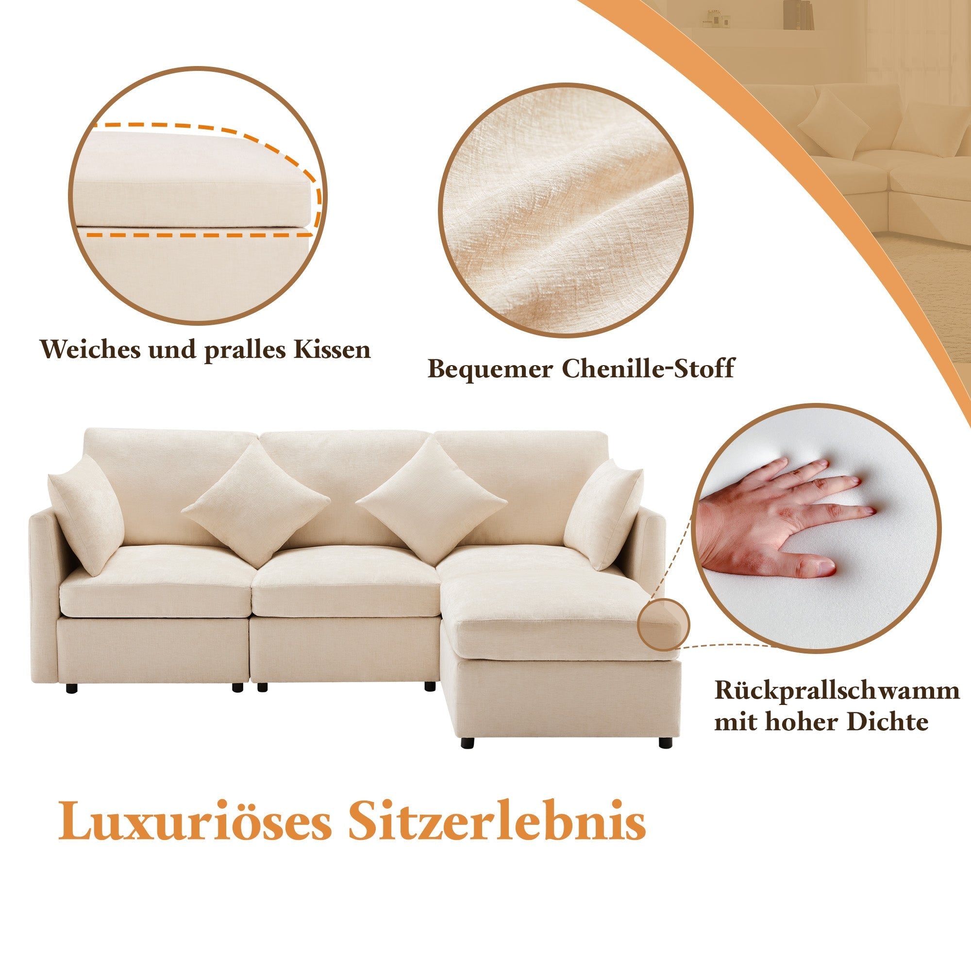 L-Shaped Corner Sofa Modern 3-Seater 4-Seater Footstool - Chenille Fabric