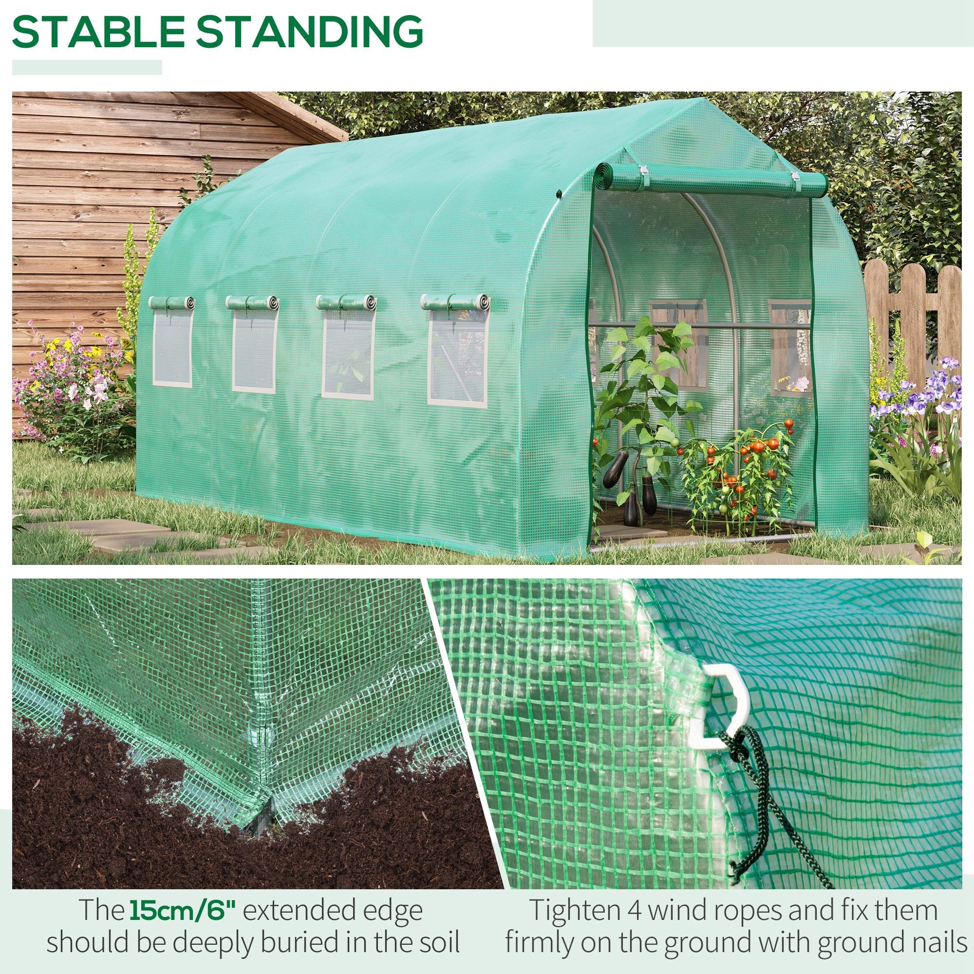 Polytunnel Greenhouse 4x2M Walk-in with Windows and Door, Green