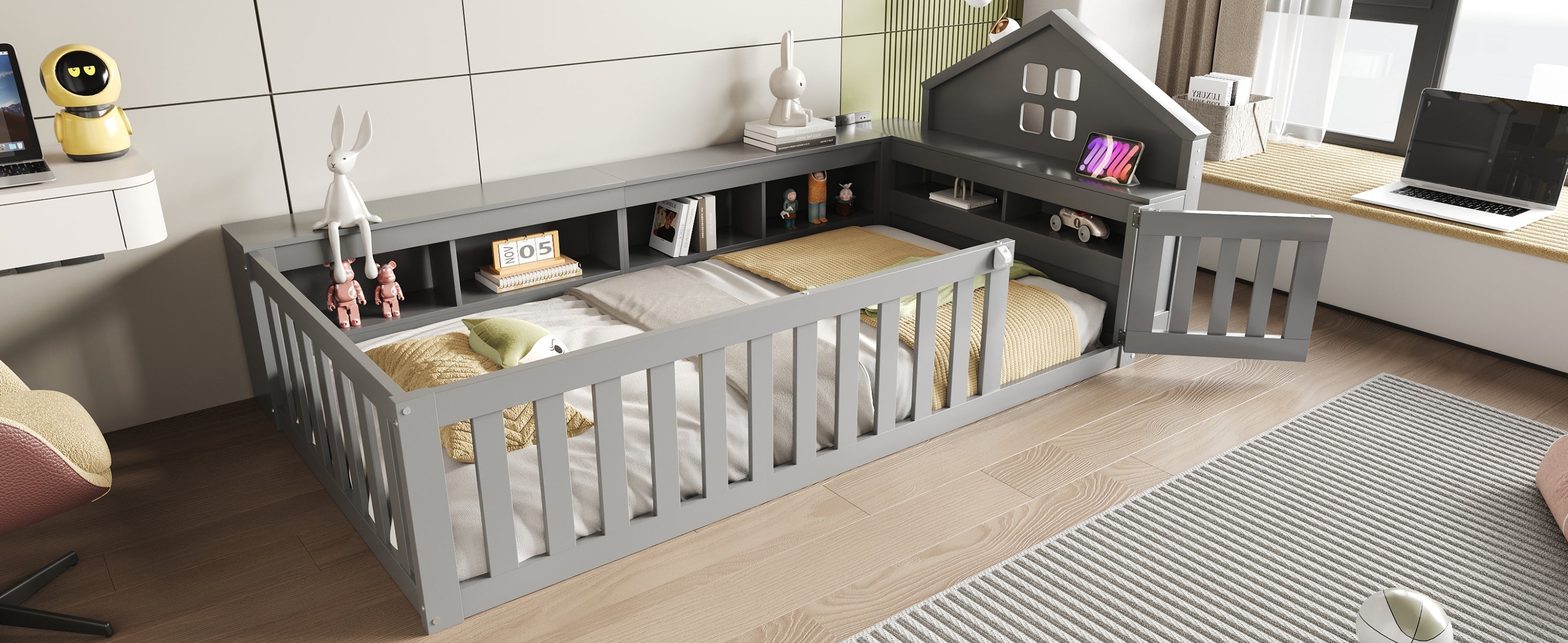 Children's Bed 90x200cm, Roof & Window, Storage, Safety Gate & Door, Solid Wood, Grey