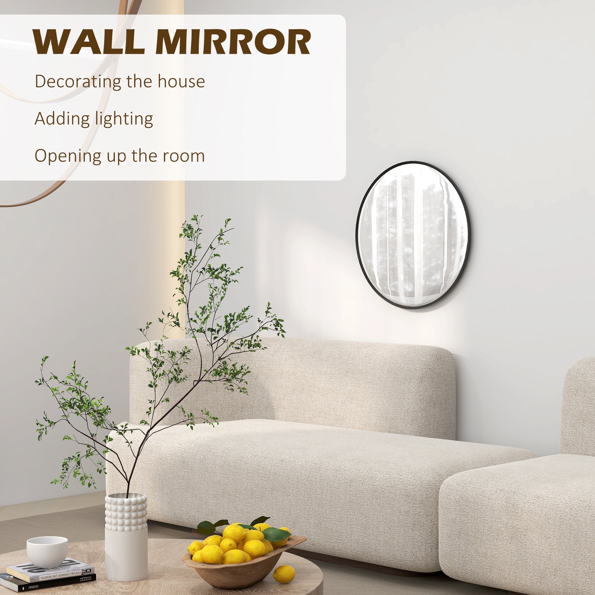 Decorative Wall Mirror 61cm Round Modern for Bedroom Living Room Bathroom, Black