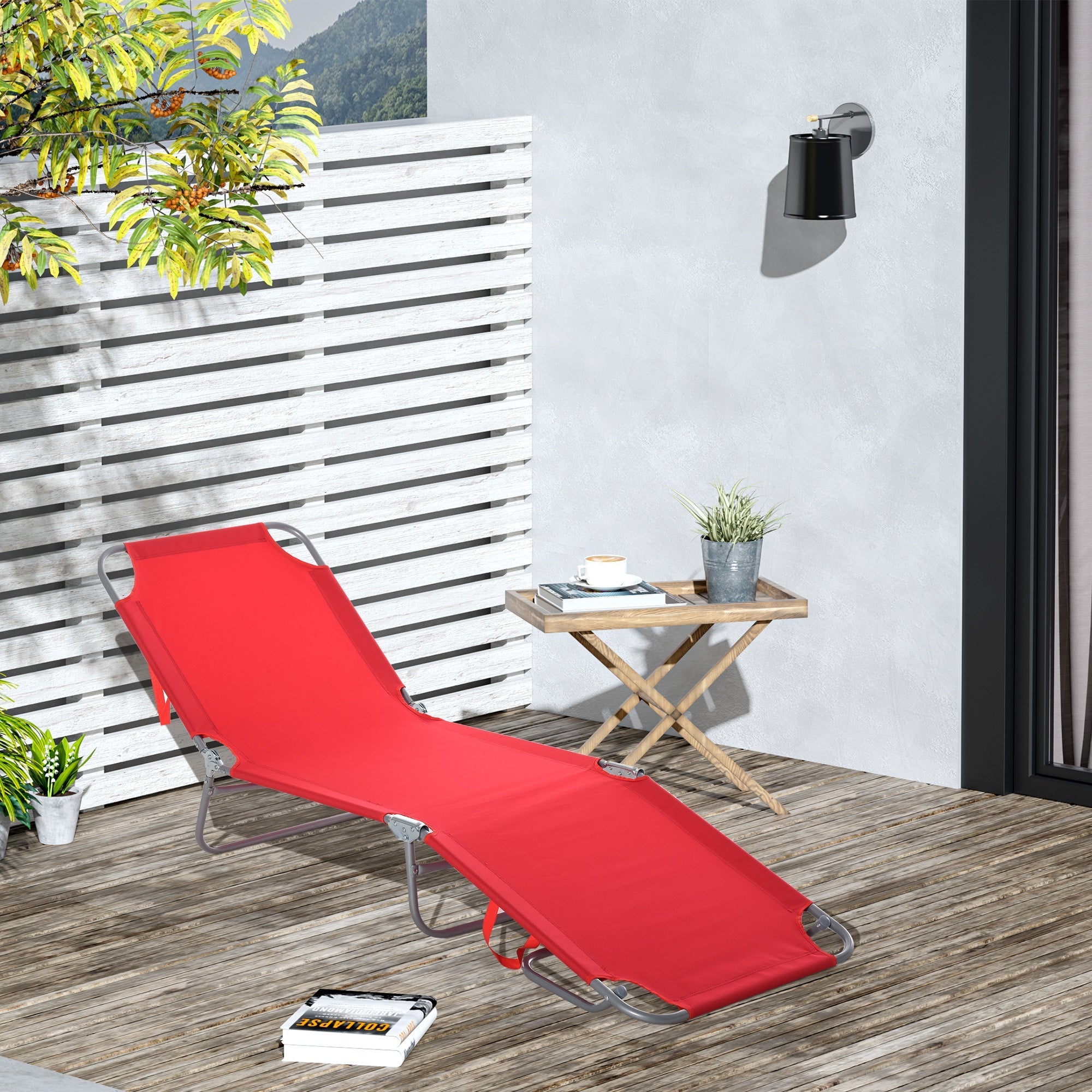 Sun Lounger, Foldable Multi-Adjustable Backrest, Metal/Polyester Red