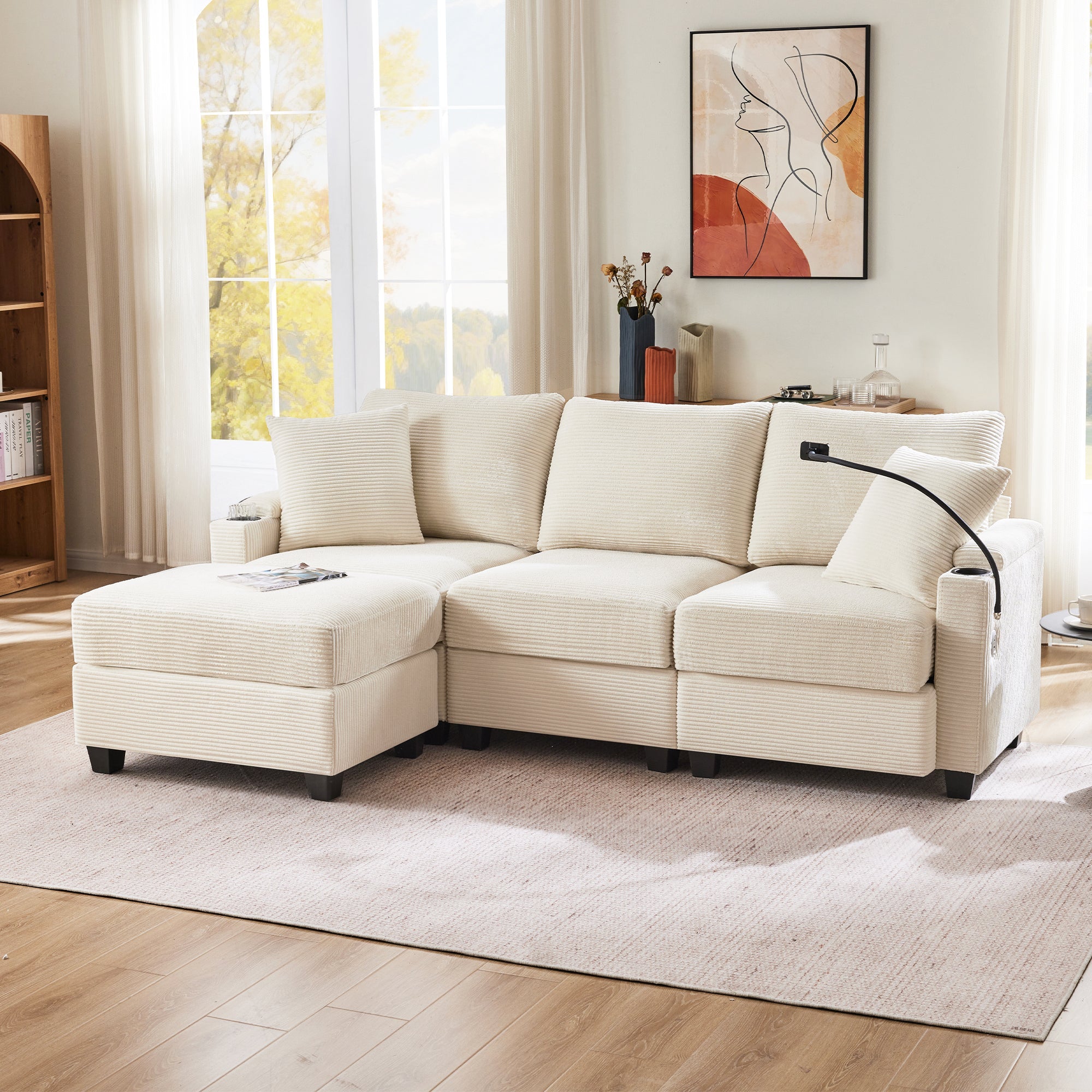 L-shaped Corner Sofa, Convertible 3-Seater with Footstool, Cup Holder, USB Charger, Armrest Storage, Beige