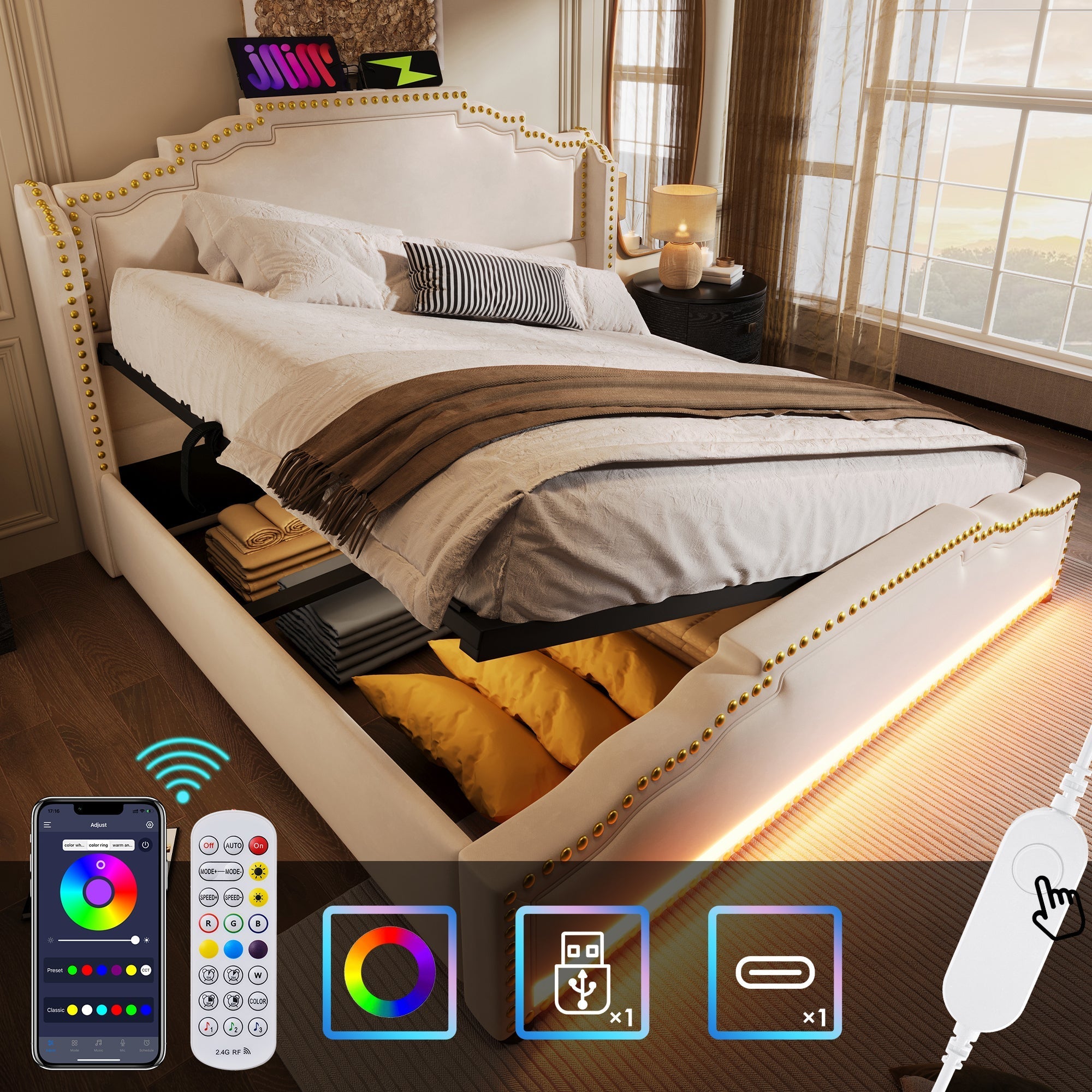 Upholstered Bed 140x200, Hydraulic Storage, LED, USB-C, Velvet Beige