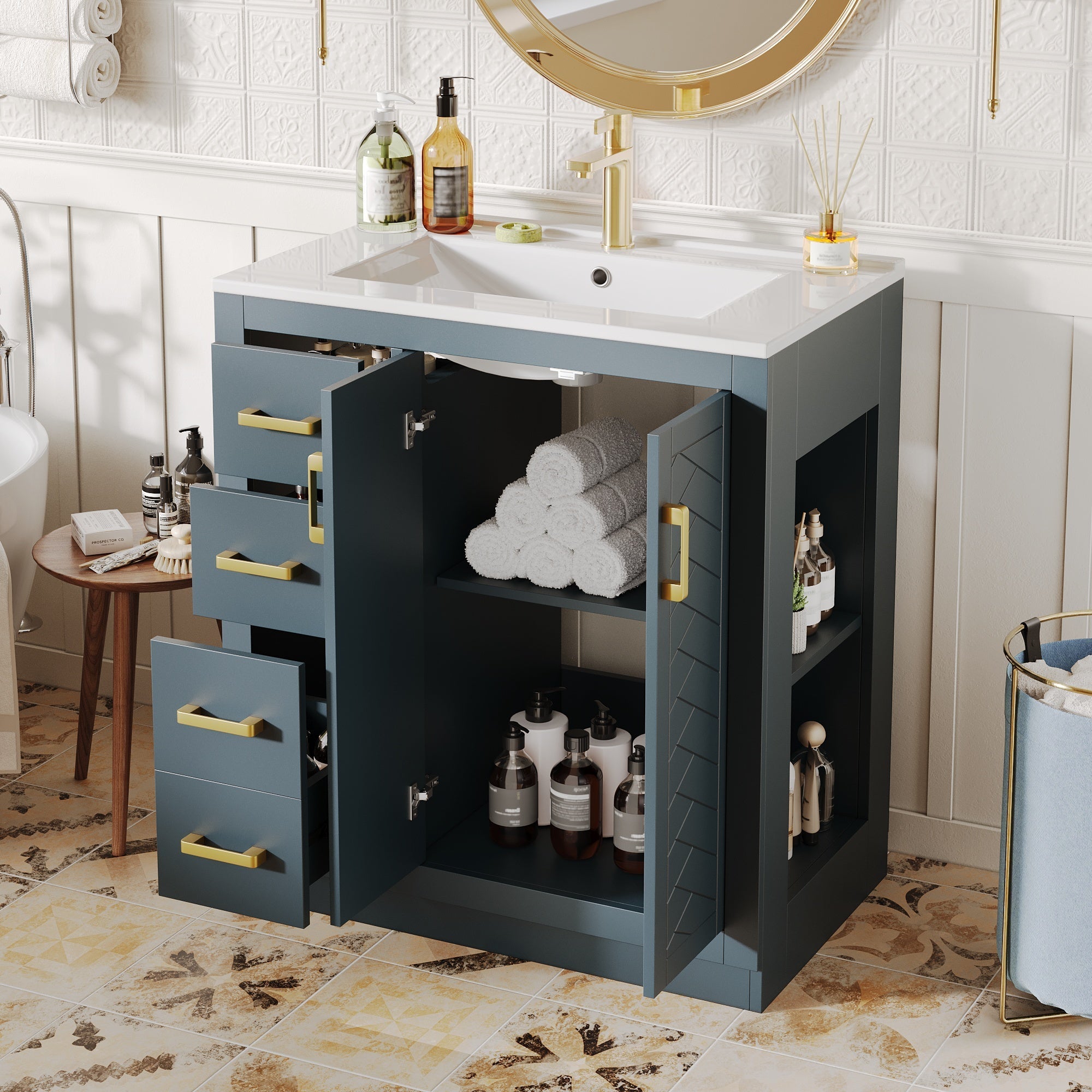 Bathroom Vanity Unit with Ceramic Sink and Storage Drawers, Blue