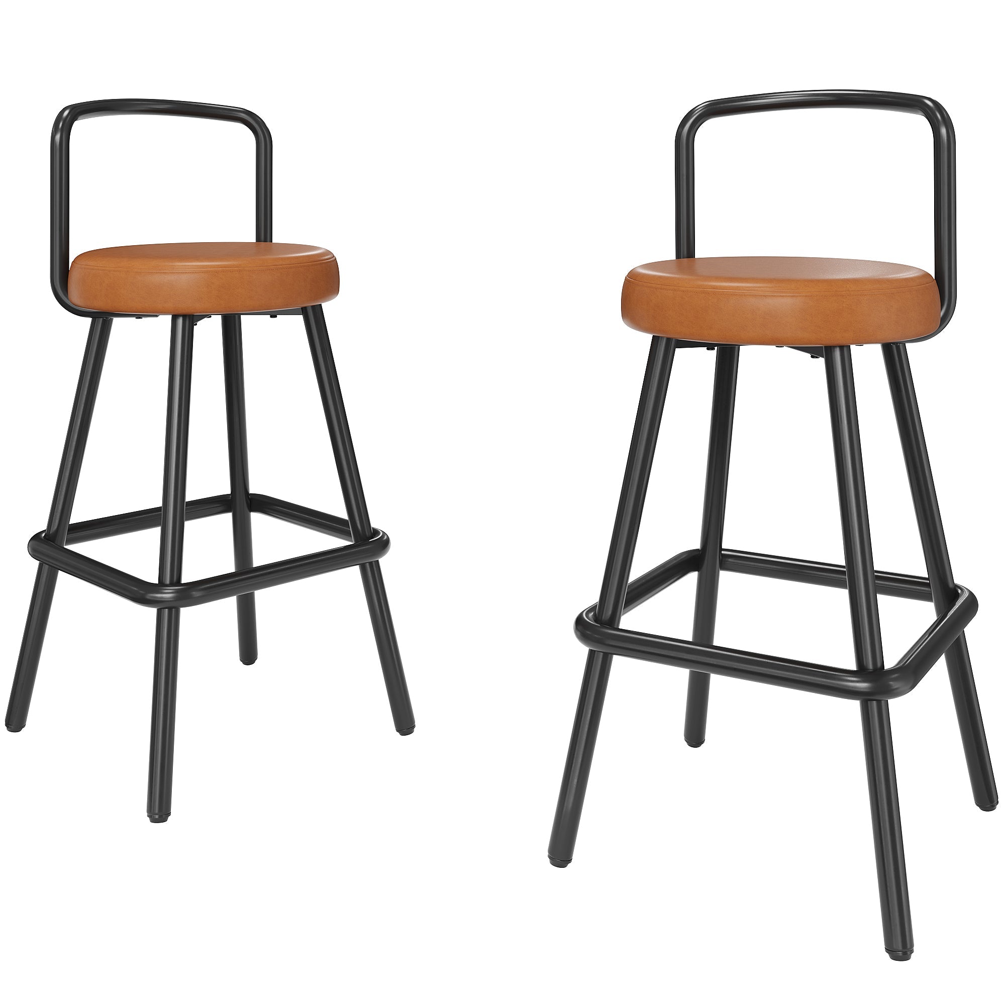Modern Bar Stools Set of 4, Ergonomic Backrest with Footrest, PU Leather and Iron, Brown