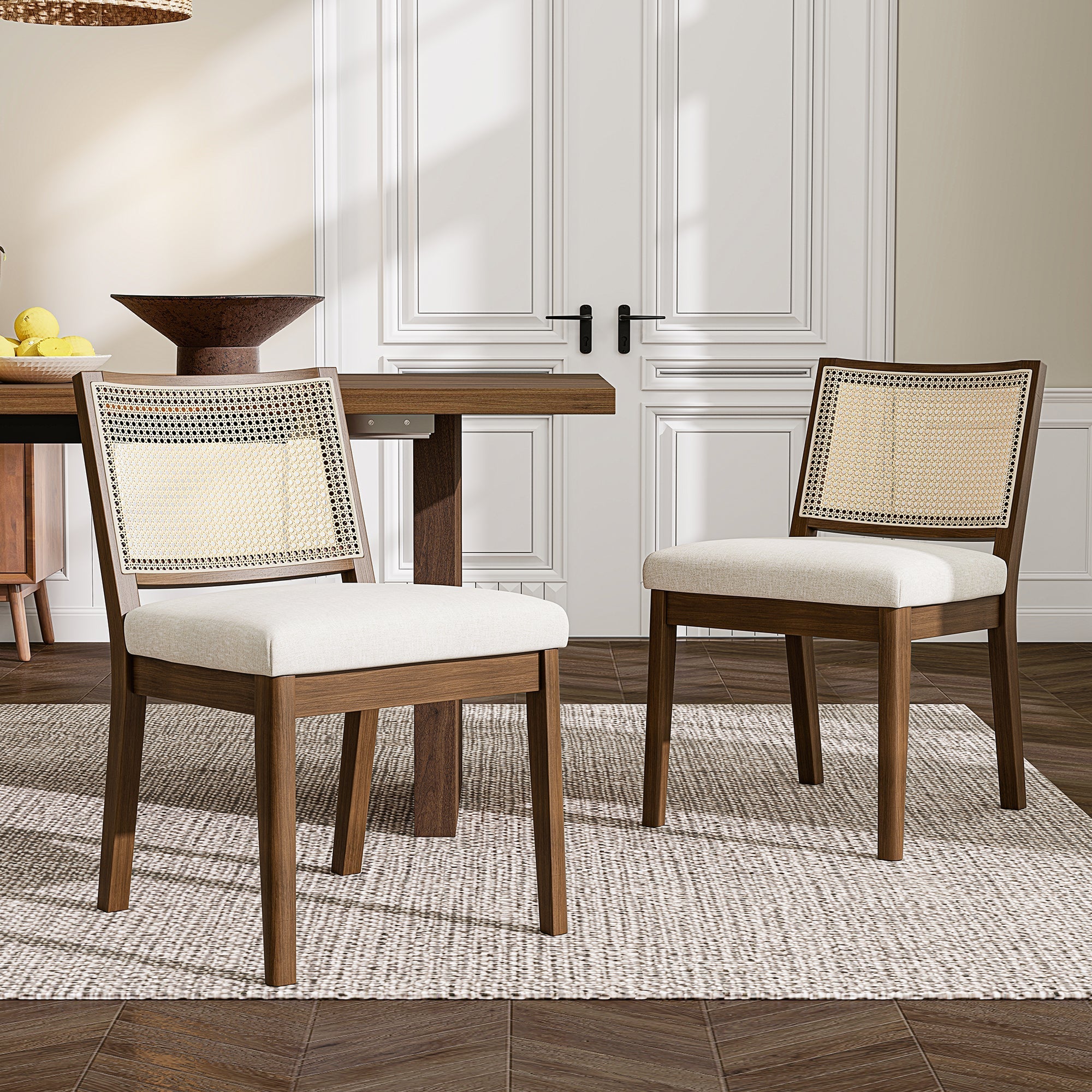Solid Wood Dining Chairs Set of 4 with Rattan Backrest, Linen and Walnut