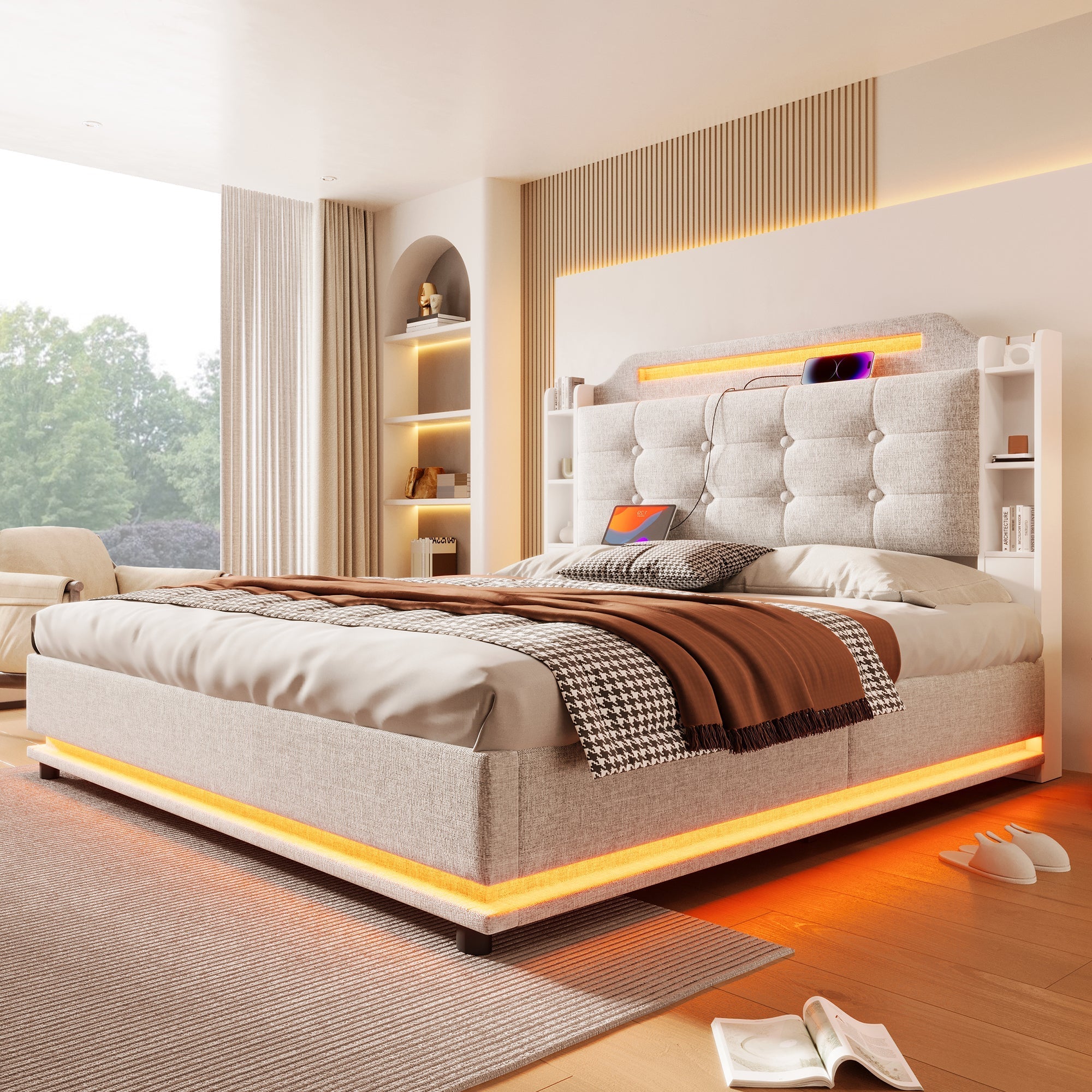 Upholstered Bed 140x200cm Hydraulic Storage LED USB/Type-C Linen Beige