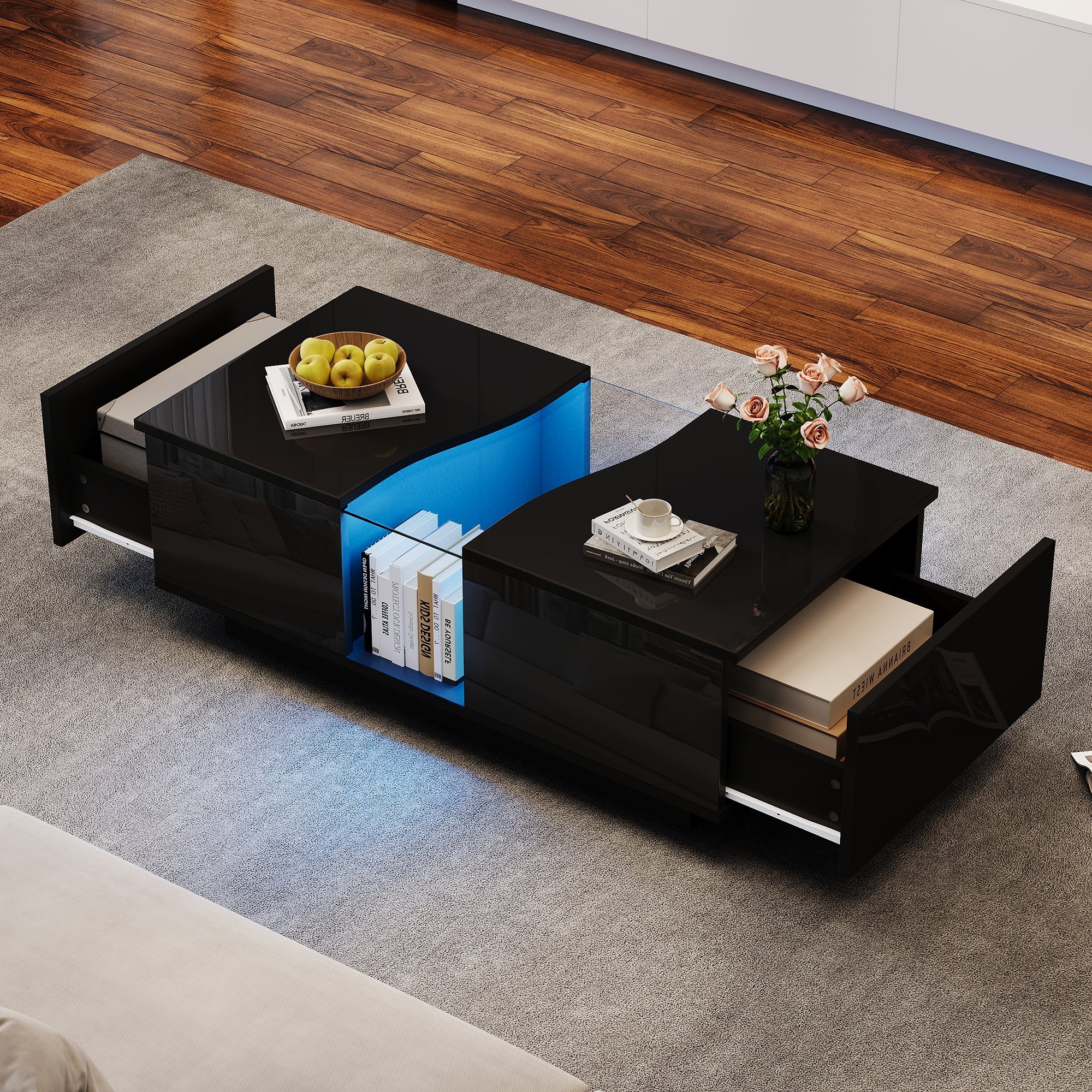Led Coffee Table with 2 Drawer Storage, Black
