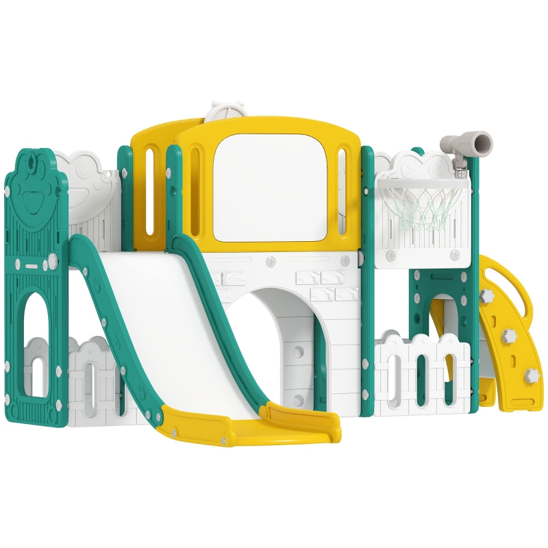 7-in-1 Toddler Slide Set with Basketball Hoop, Climbing Frame and Swing, Yellow and Green