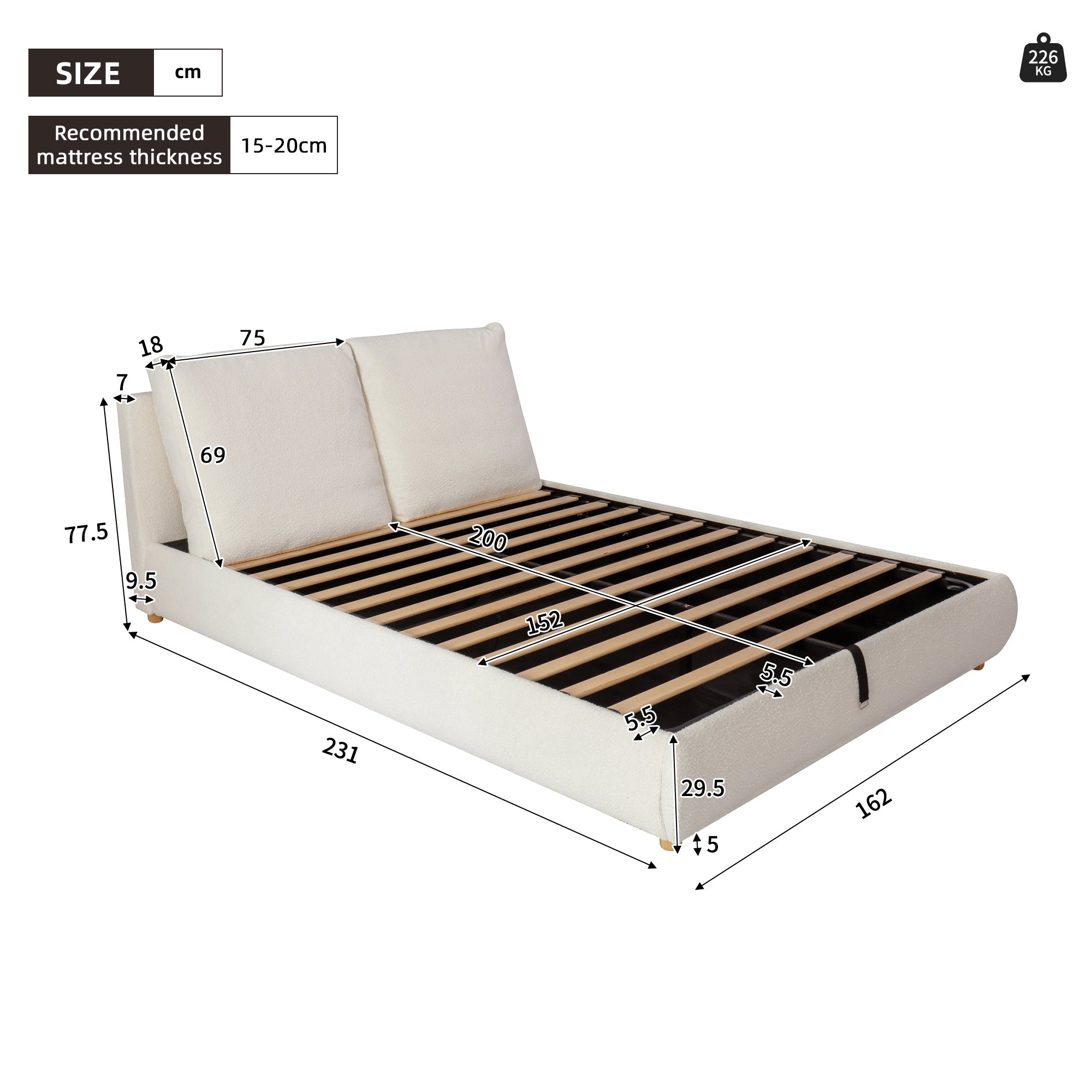 Ottoman Storage Bed Frame, 5ft Upholstered Cloud Bed with Boucle Fabric, Warm White