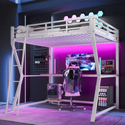 Loft Bed 140x200cm with LED Lights Desk USB/Power Outlet Stairs Storage Shelf White