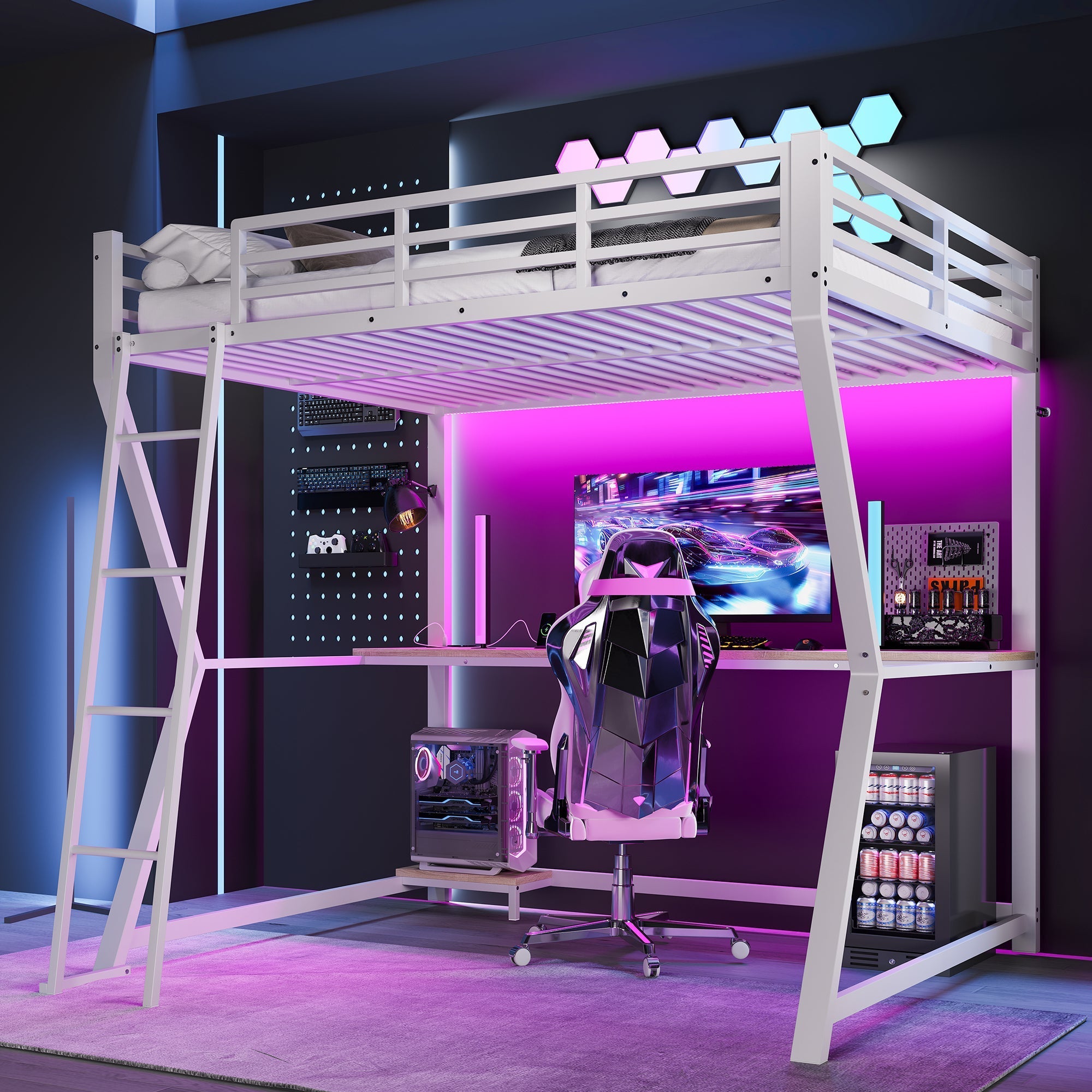 Loft Bed 140x200cm with LED Lights Desk USB/Power Outlet Stairs Storage Shelf White