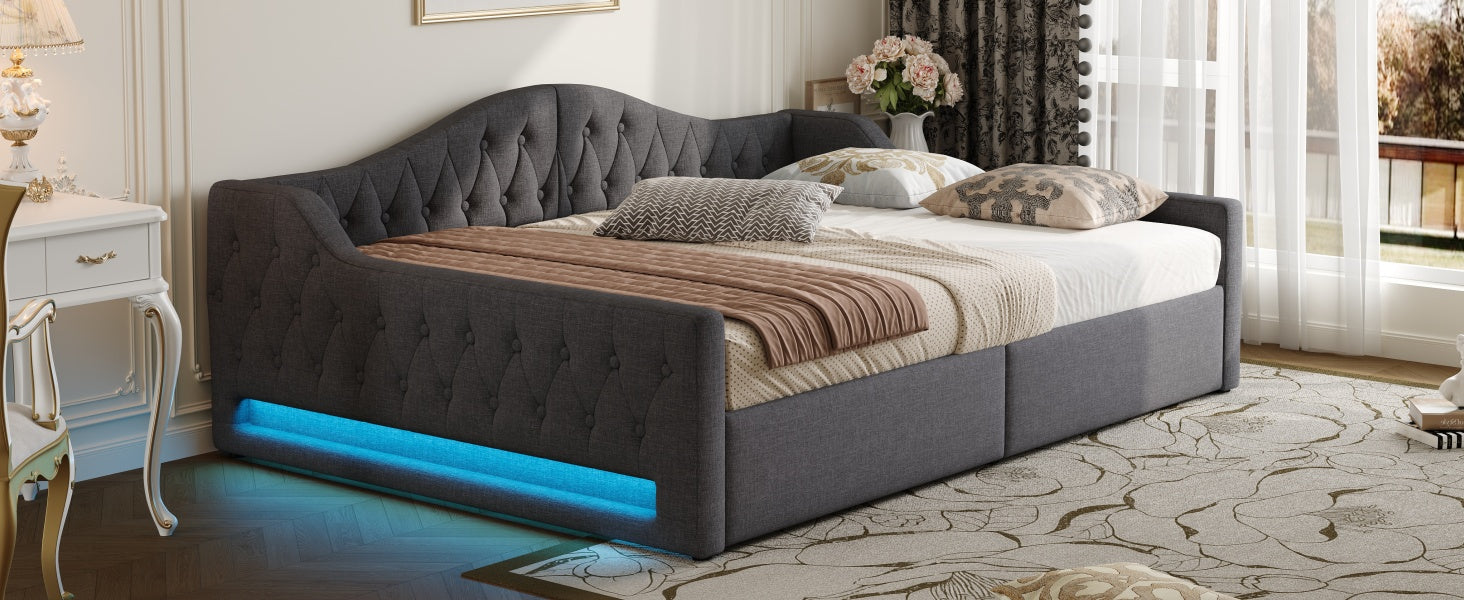 Daybed Upholstered 140x200cm LED Storage - Grey