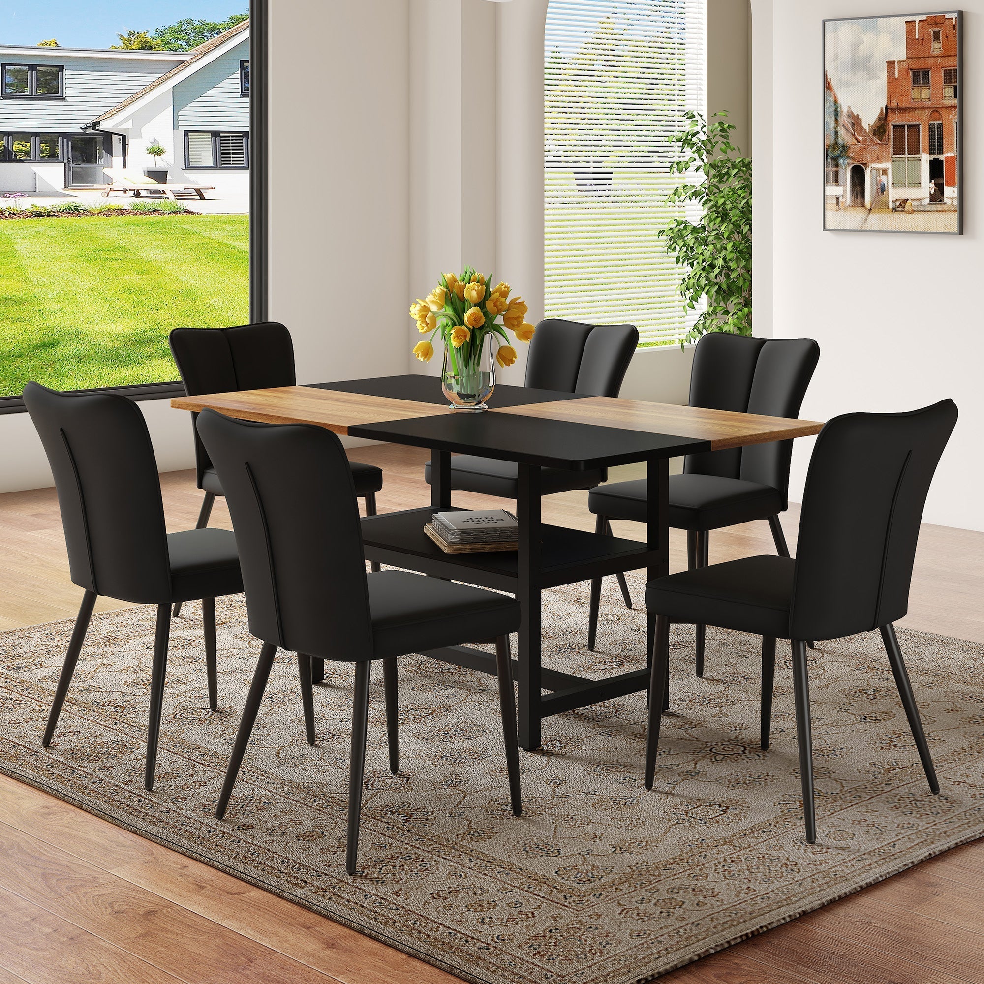 Rectangular Dining Table Set 160 cm with Storage & 6 Modern PU Chairs Black