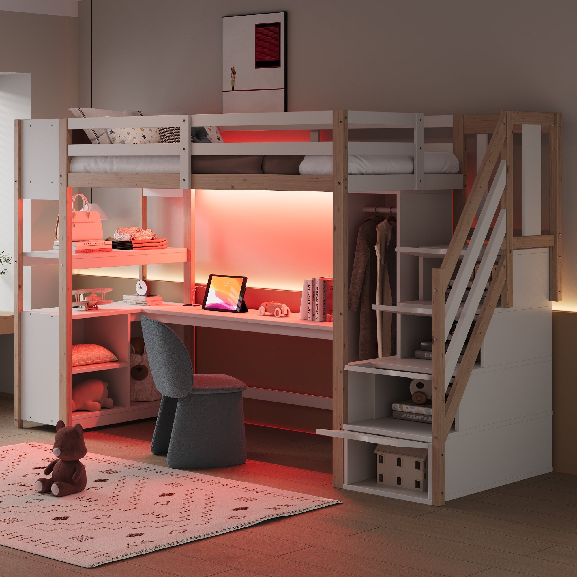 Wooden Loft Bed 90x200cm Wardrobe Desk Storage Stairs LED Sockets Wood Color