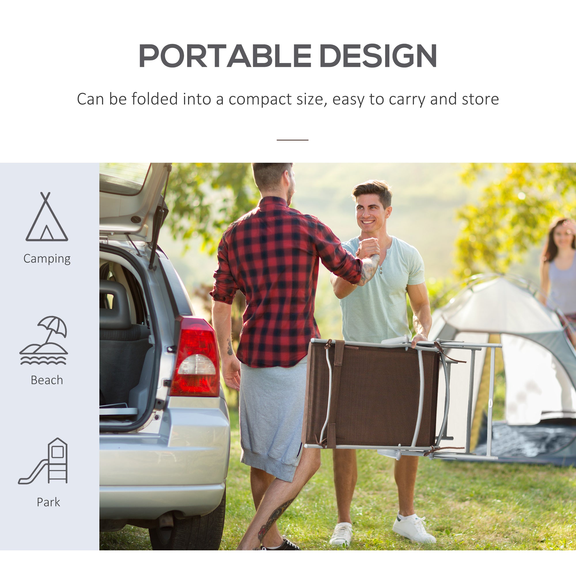 Sun Lounger Folding Chaise Recliner with Adjustable Backrest and Headrest, Brown Texteline