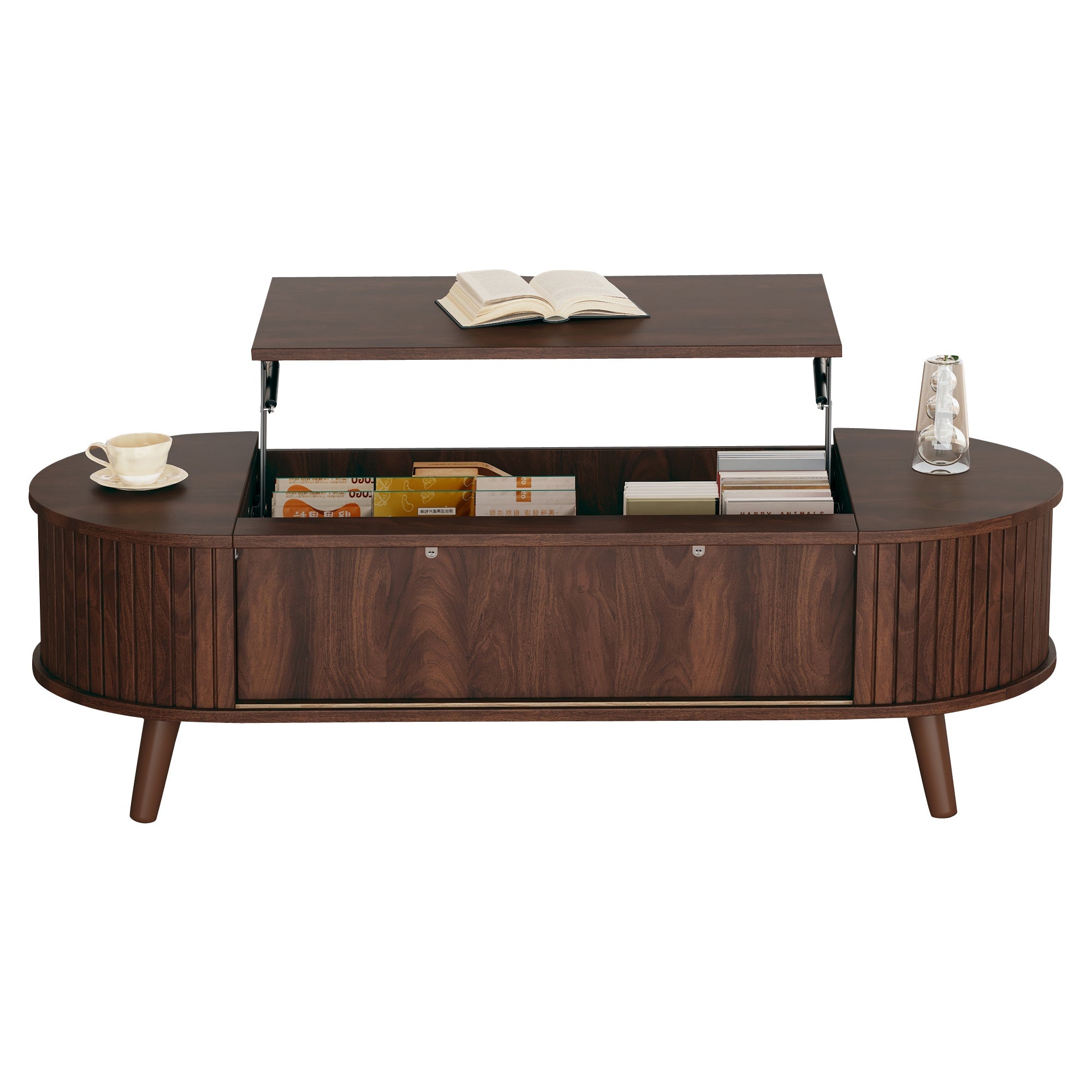 Coffee Table, Liftable with Hidden Storage & 5 Shelves, Walnut