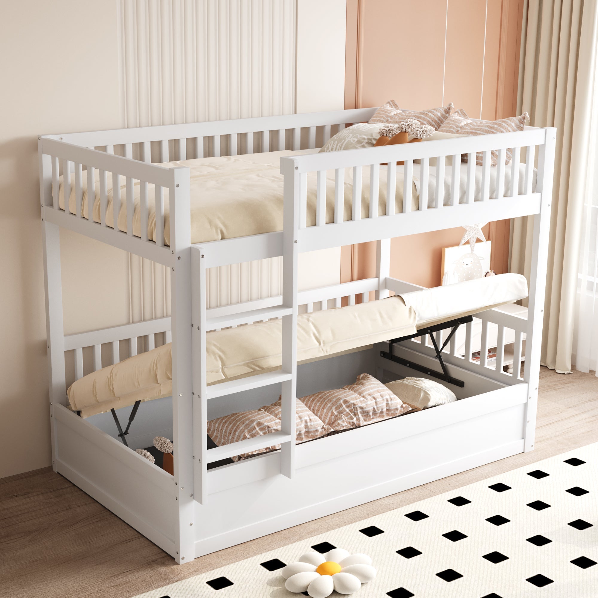 Children's Bunk Bed 90x200cm Hydraulic Storage System, Solid Wood White
