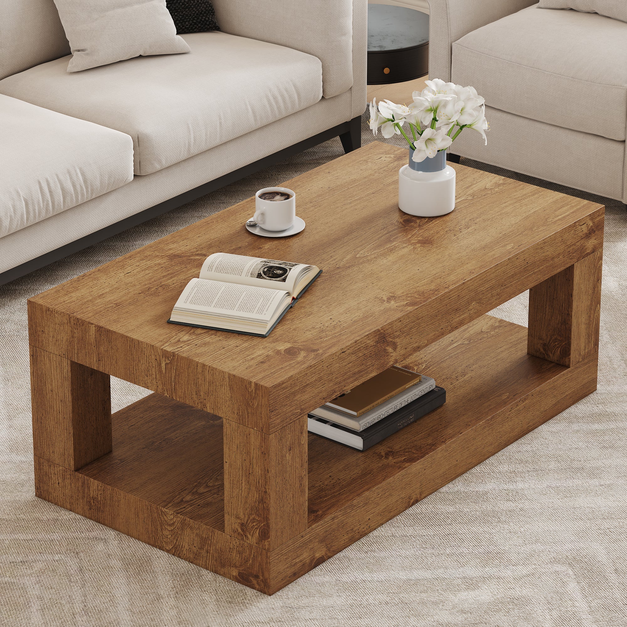Modern 2-Tiered Coffee Table with Rectangular Open Storage Shelf, MDF
